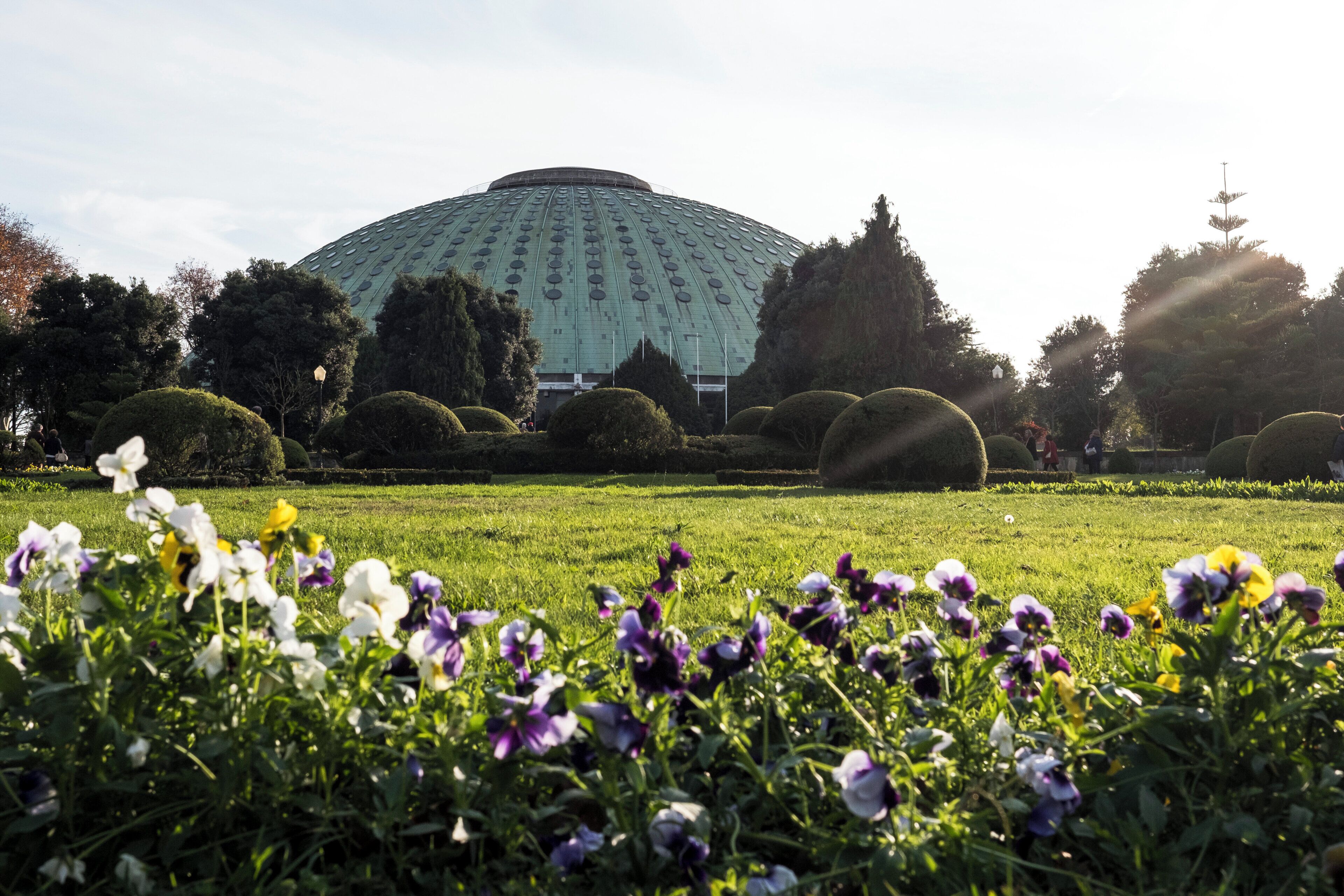 Un grand bâtiment en forme de dôme, entouré de haies bien entretenues et d’un champ verdoyant parsemé de fleurs.