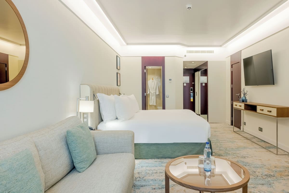 Una habitación de hotel con cama, sofá, televisor, escritorio y espejo.