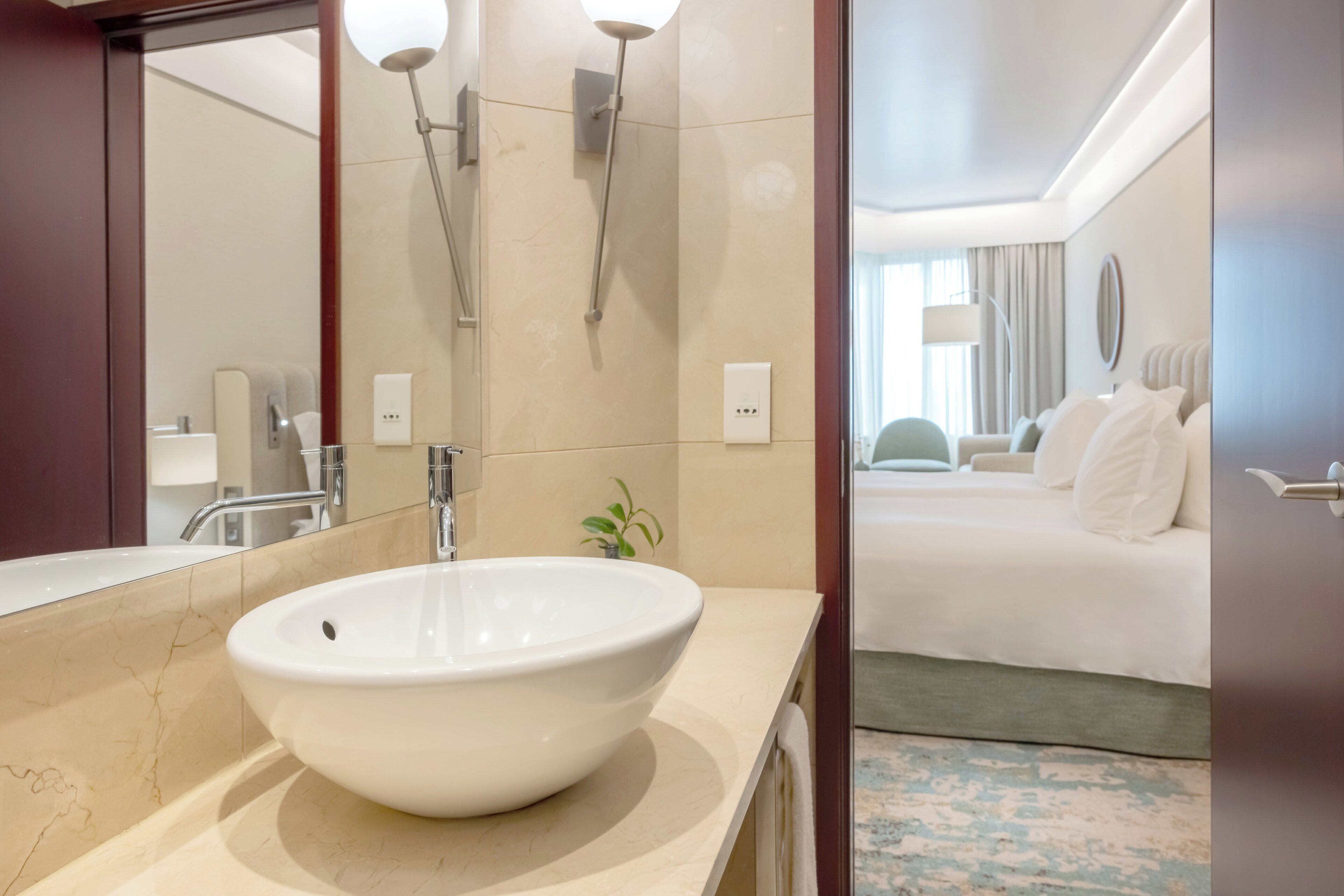 A hotel bathroom with a large white sink, a mirror, a handheld showerhead, and a small plant on the counter.