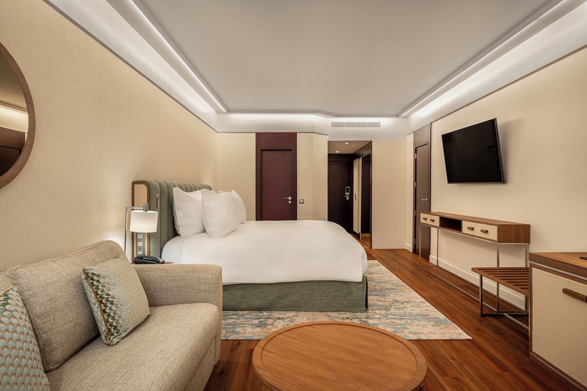 A hotel room with a bed, a sofa, a desk, a TV, and a mirror.