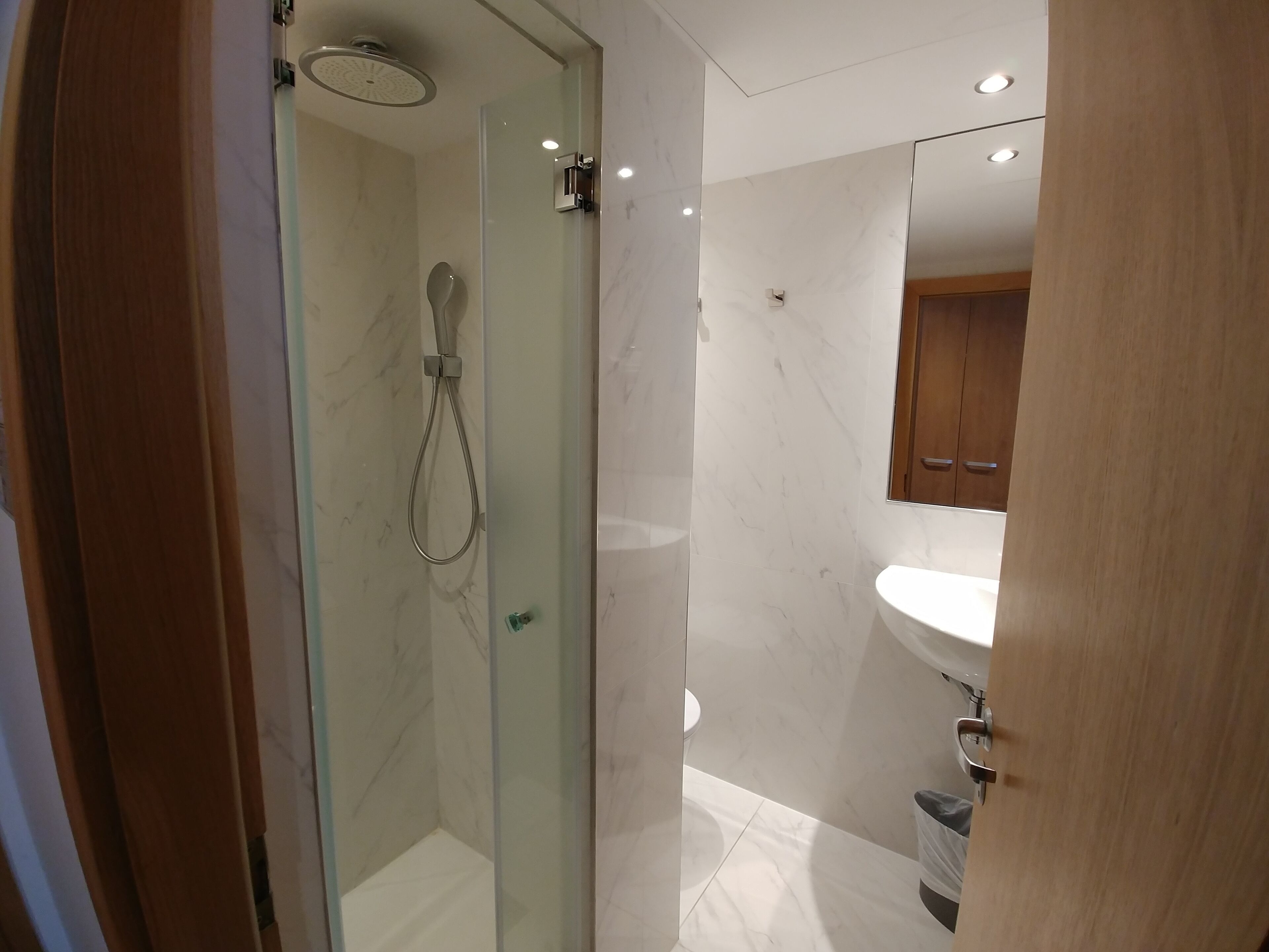 A modern bathroom with a glass-enclosed shower, a marble-tiled wall, and a wooden door.