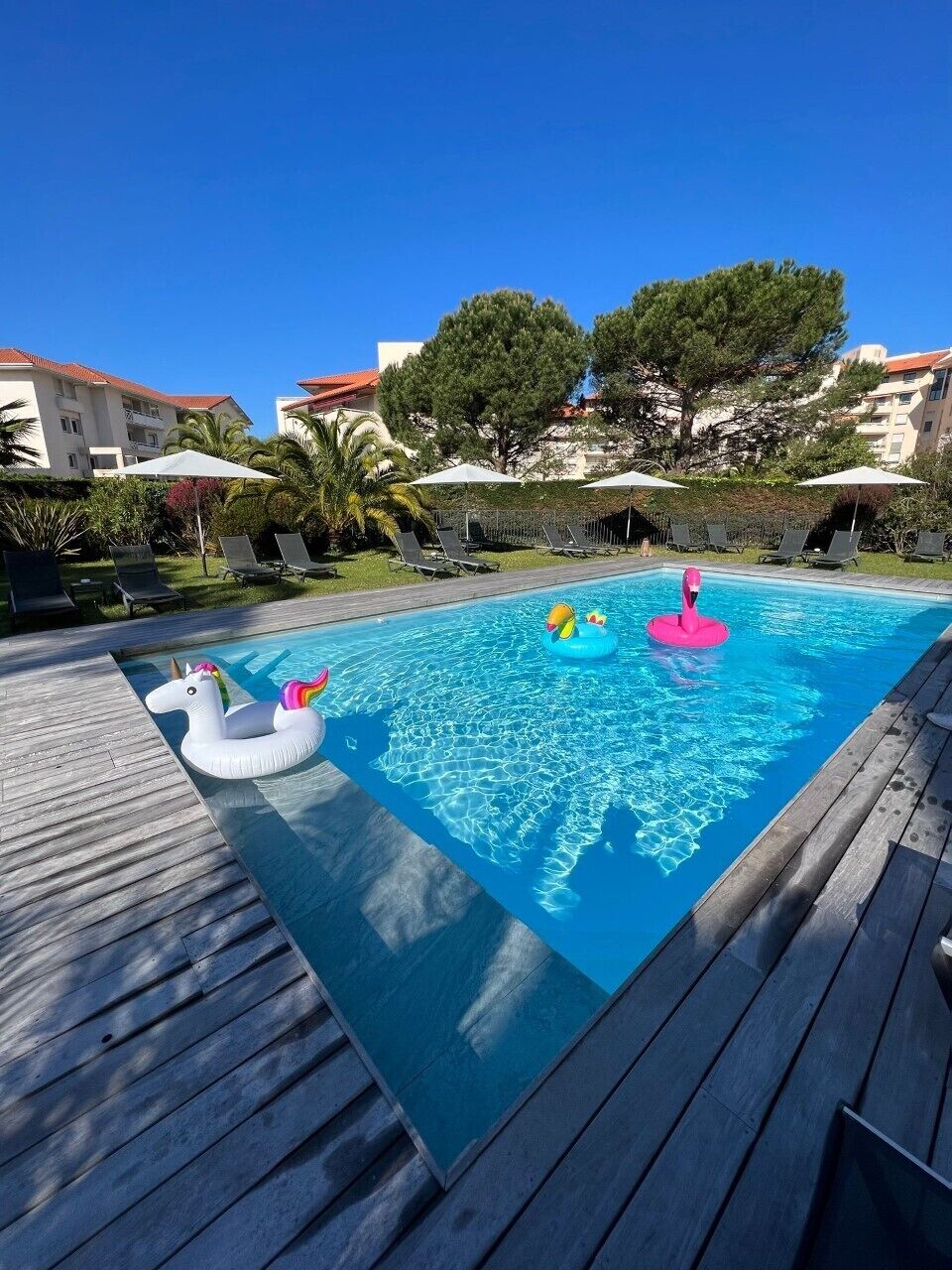 A swimming pool with lounge chairs and umbrellas, surrounded by greenery and buildings.