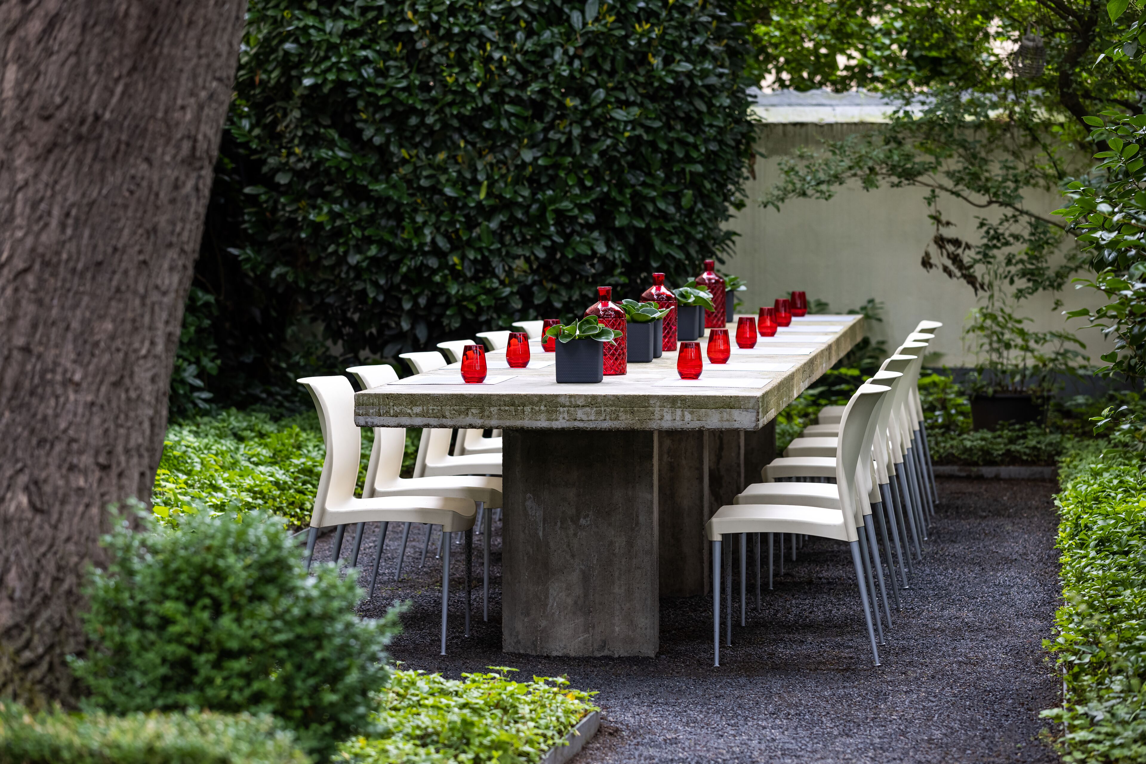 Una larga mesa de comedor con sillas, rodeada de follaje y un árbol.