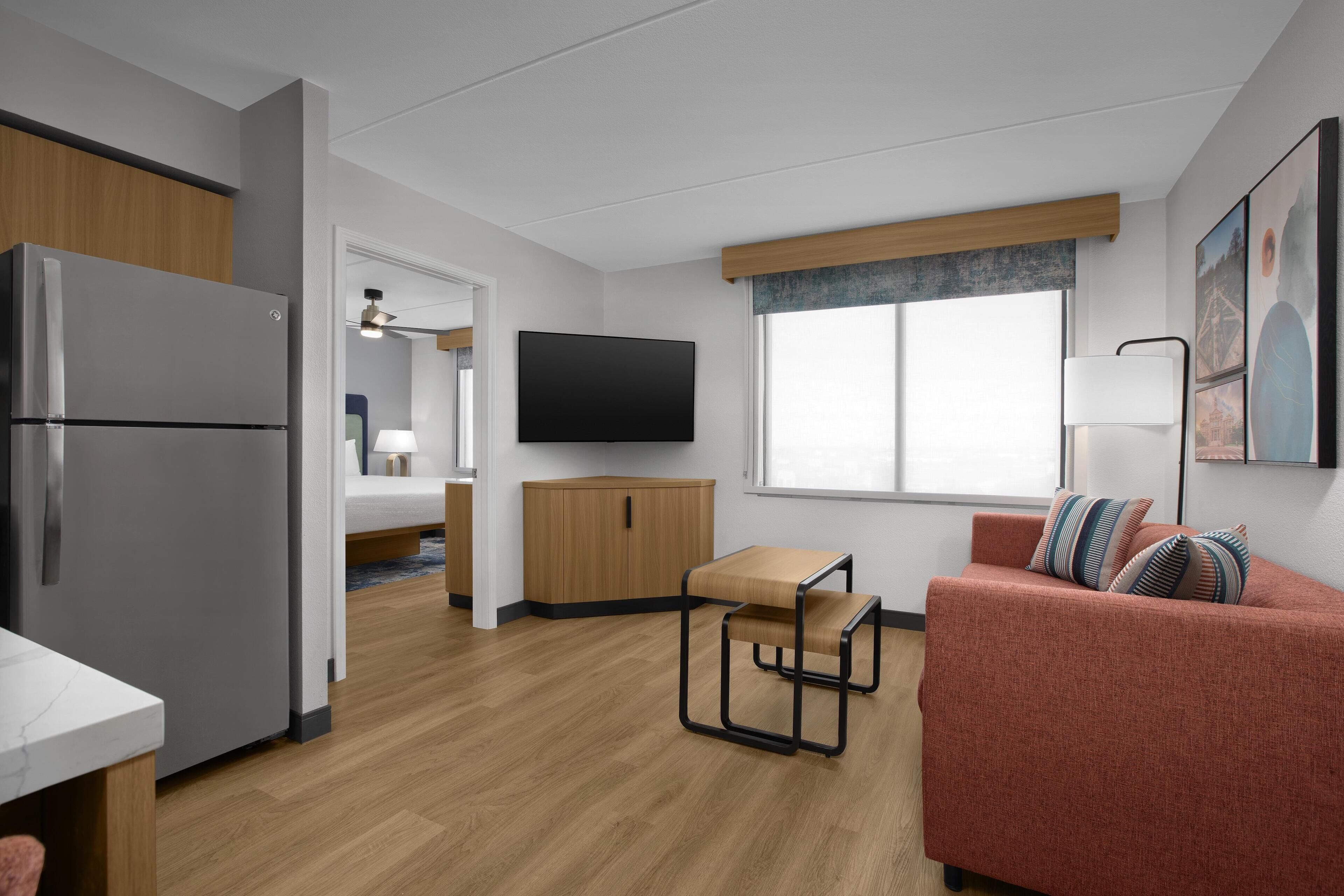 Flat-screen TV, pay movies, MP3 dock