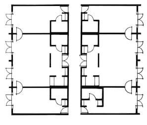 Two spacious rooms with a central bed and two smaller beds on either side, a window, and a door to the hallway.