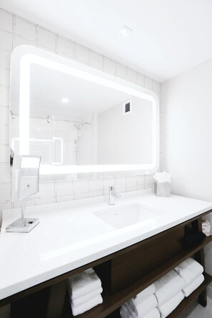 Shower, hydromassage showerhead, eco-friendly toiletries, hair dryer