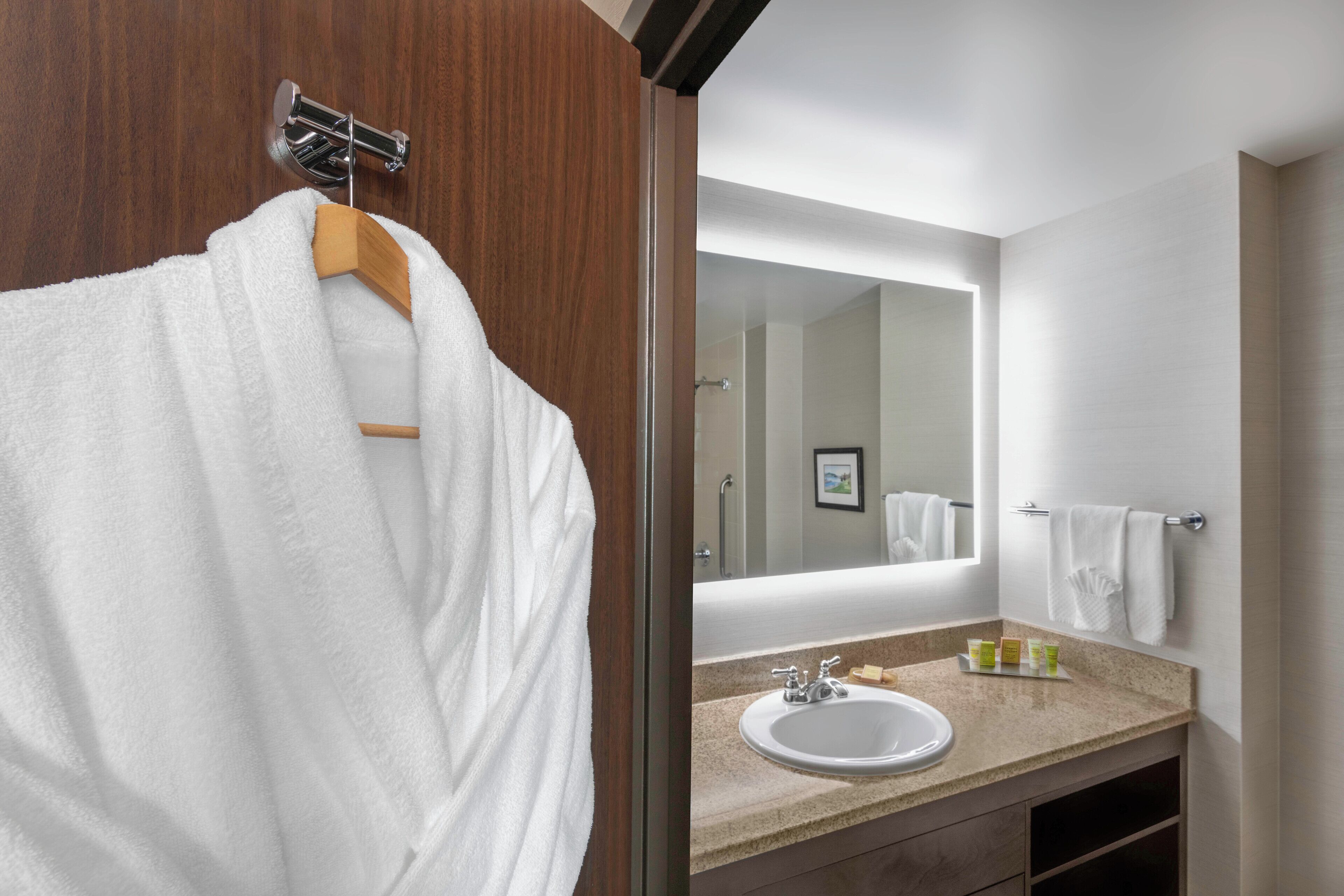 designer toiletries, hair dryer, towels