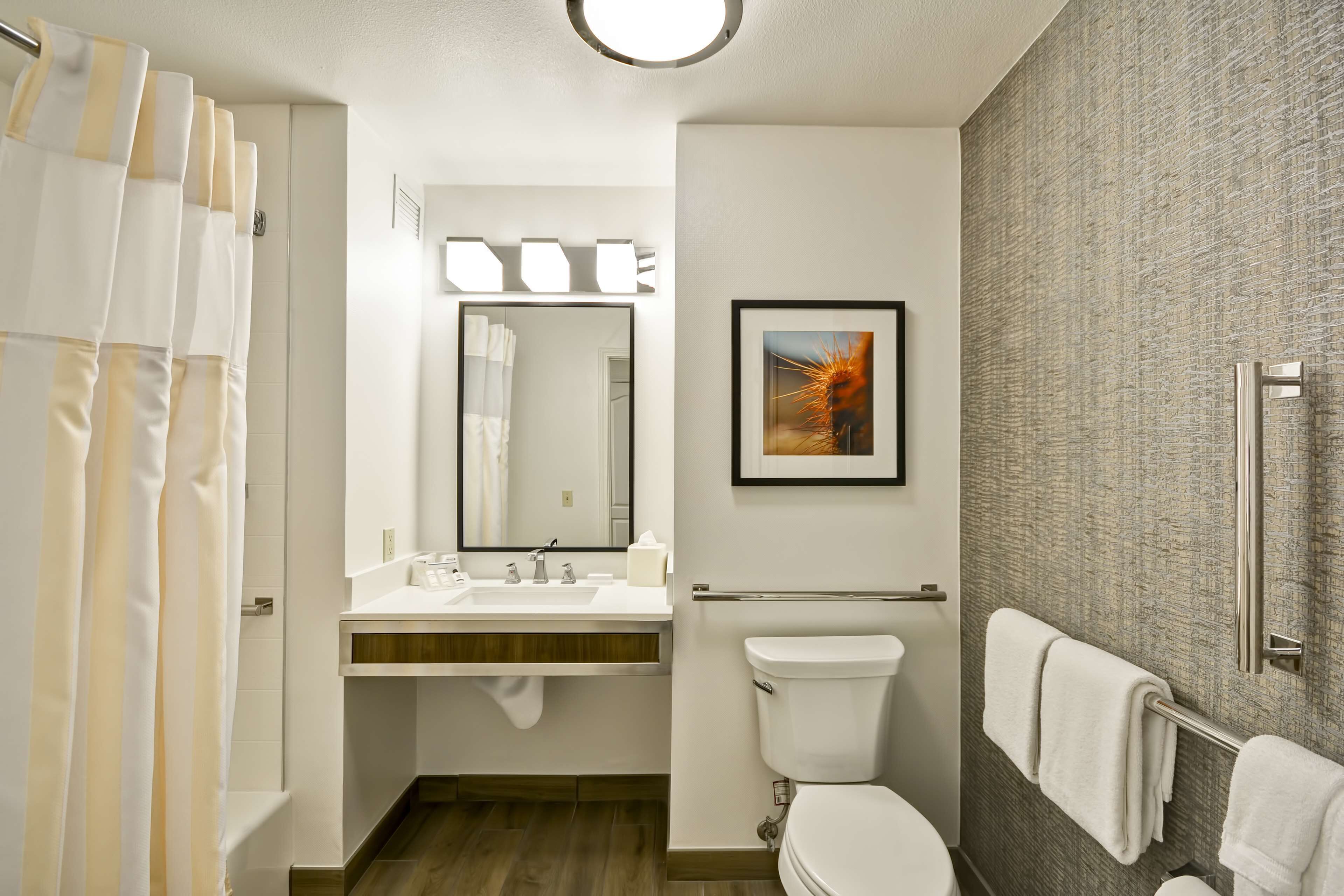 A modern bathroom with a shower curtain, a sink with a mirror, a toilet, and a towel rack.