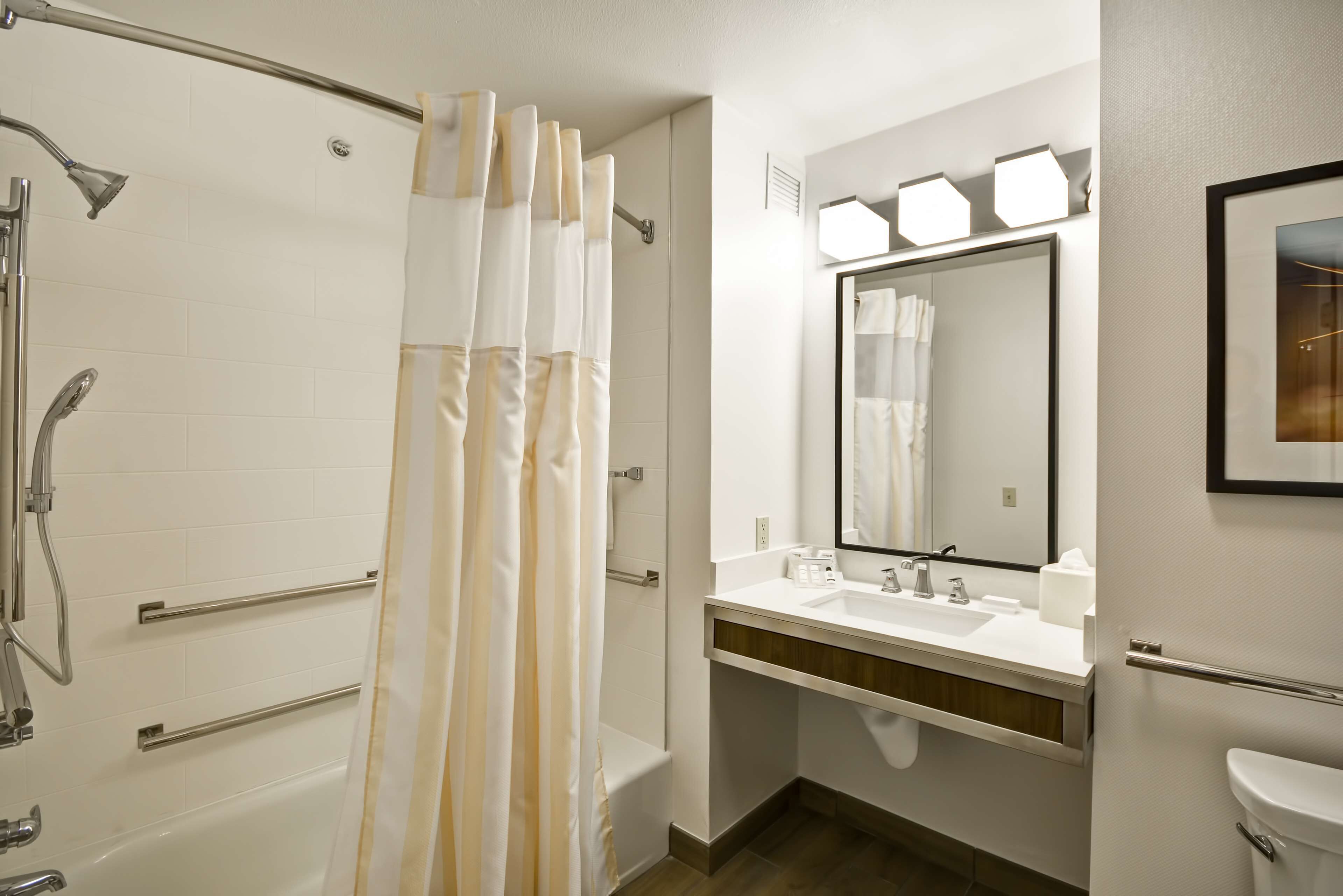 A modern bathroom with a shower, toilet, sink, and mirror.