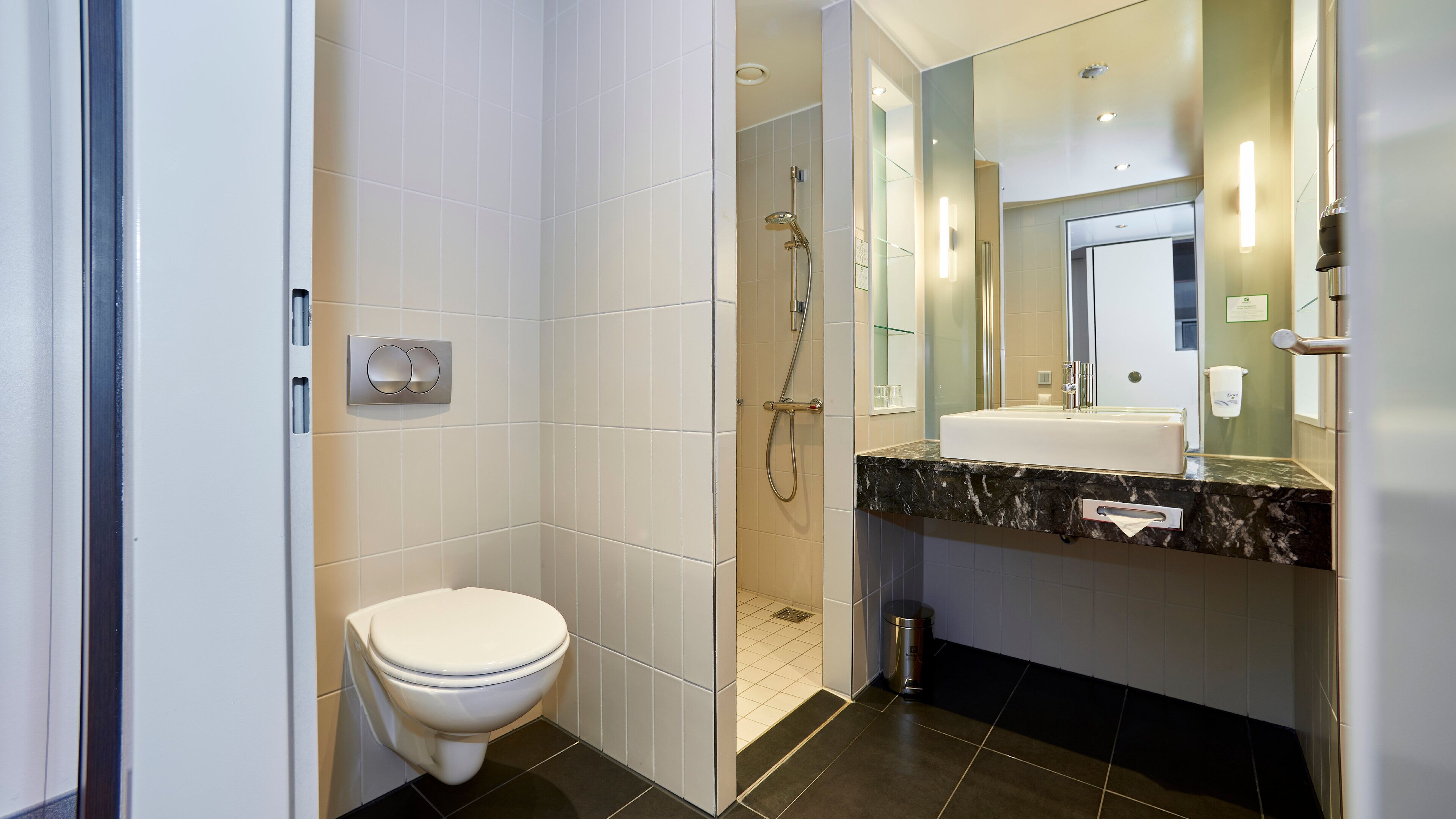A modern bathroom with a toilet, a shower, a sink, and a mirror.