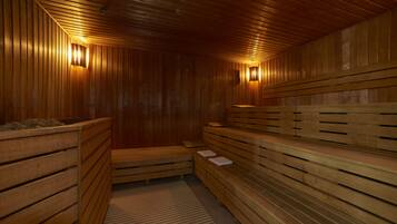 Un sauna avec des bancs et des murs en bois, équipé de luminaires fixés au mur.