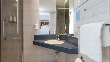 Shower, eco-friendly toiletries, hair dryer, towels