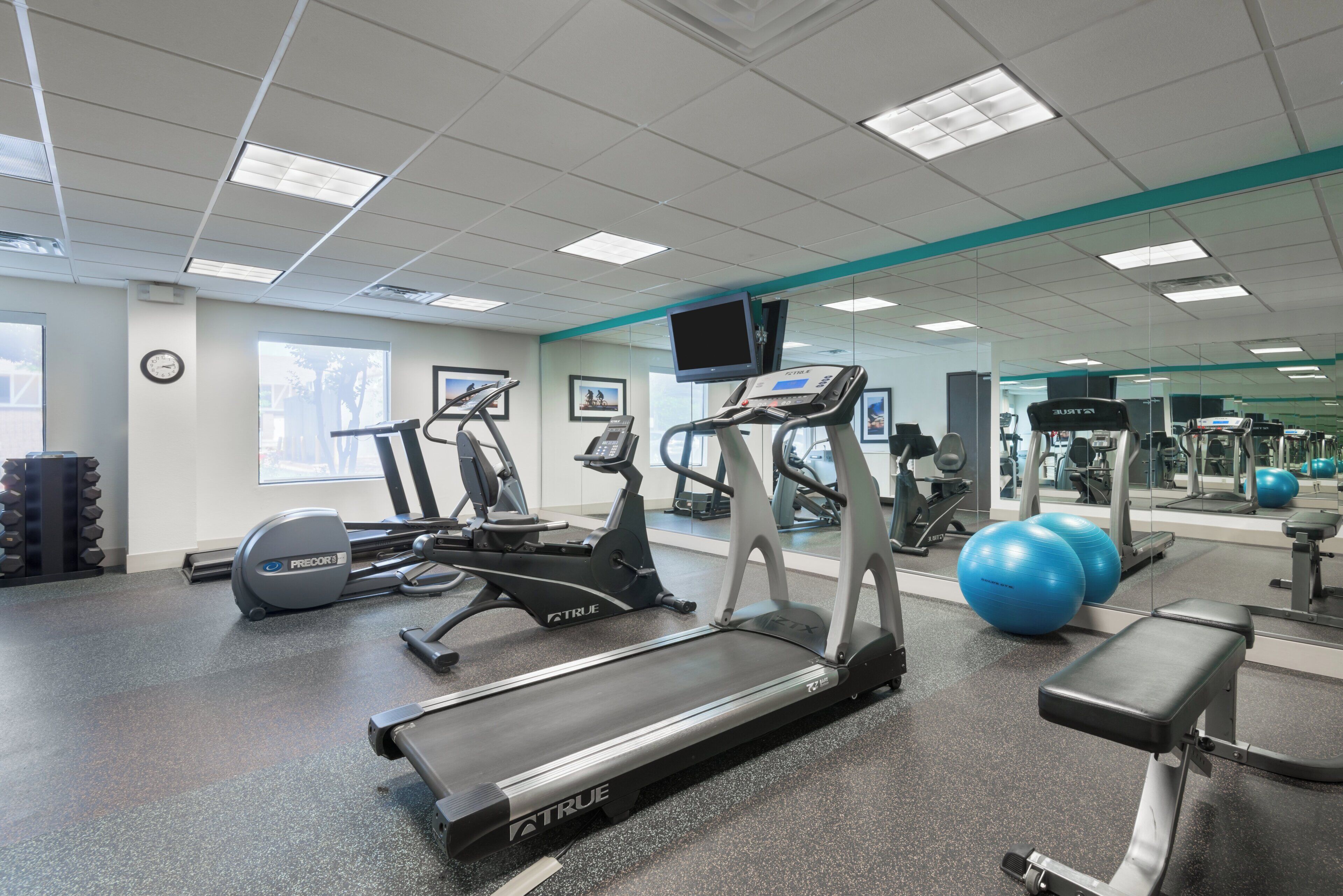 A gym with treadmills, exercise balls, and a mirrored wall.