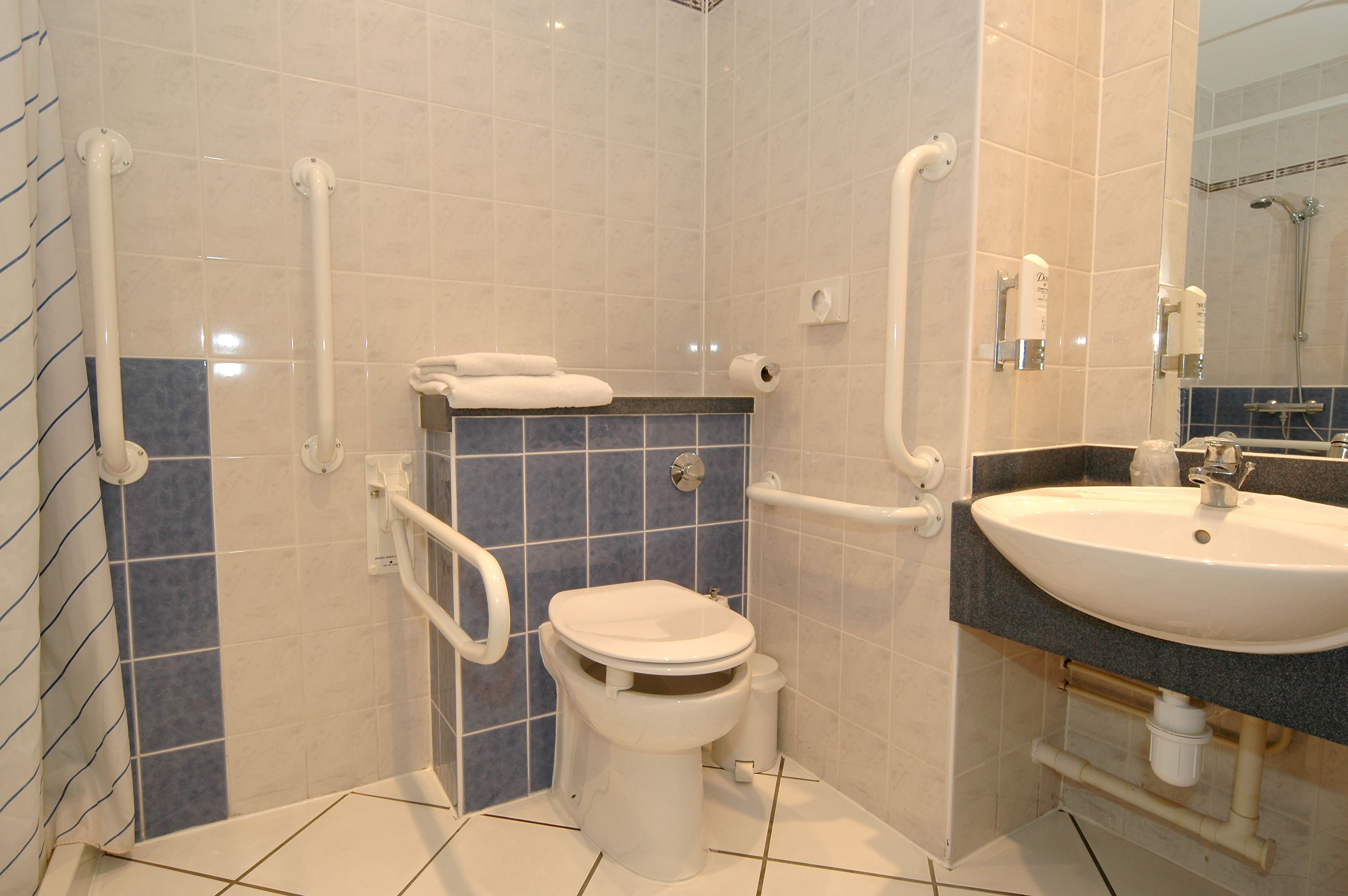 Un baño con inodoro blanco, lavabo y ducha.