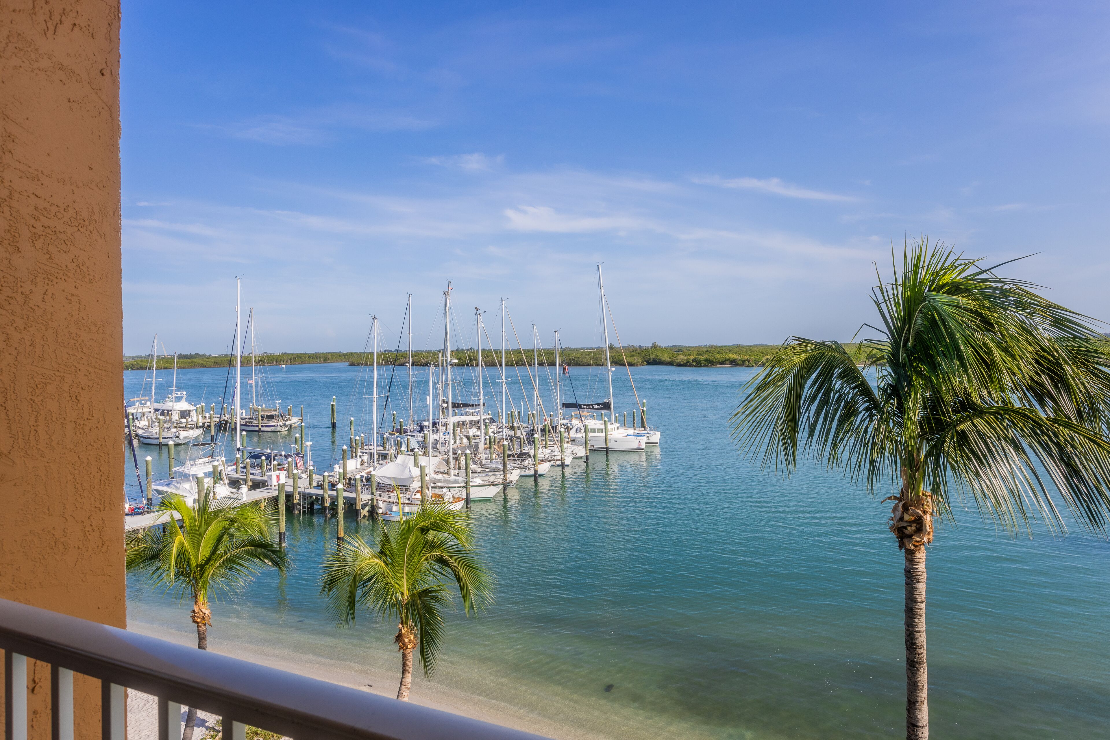 Marina com barcos atracados, água cristalina e palmeiras.