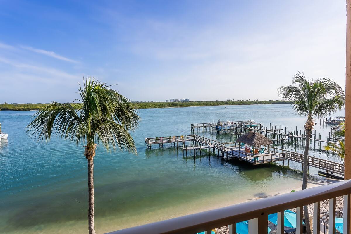 A waterfront view with a dock, palm trees, and clear blue water.