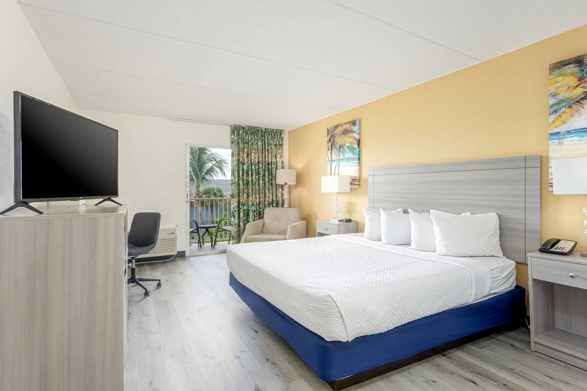 A hotel room with a bed, a desk, a TV, a chair, a nightstand, and a window with a view of palm trees.