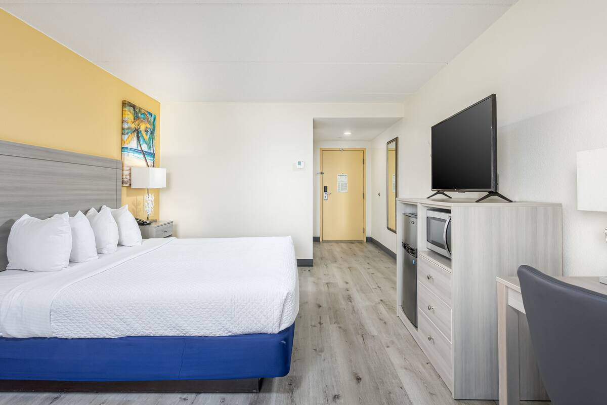 A hotel room with a bed, a desk, a television, and a microwave.