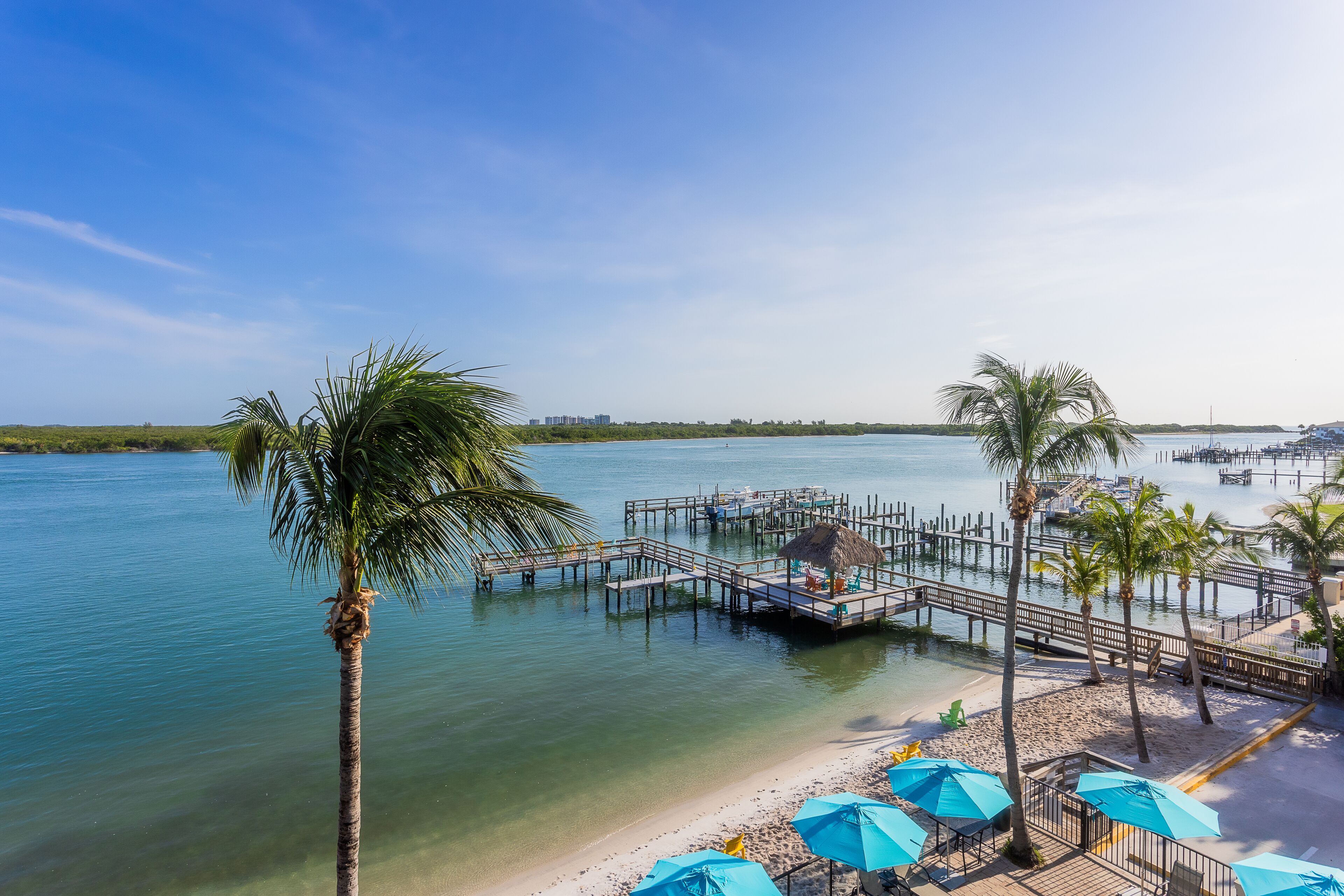 A beach with clear water, palm trees, and a pier with umbrellas.