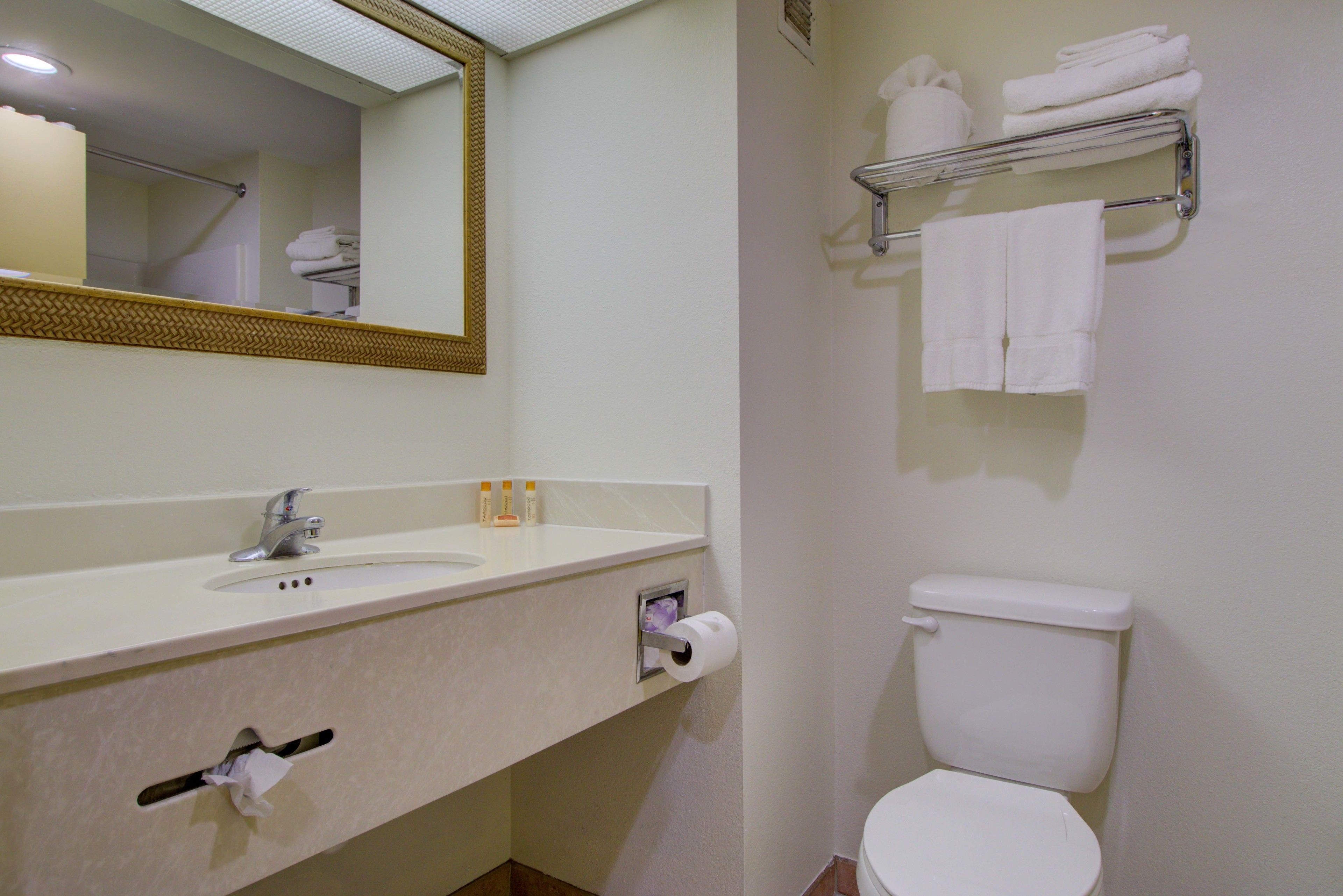 Combined shower/tub, free toiletries, hair dryer, towels
