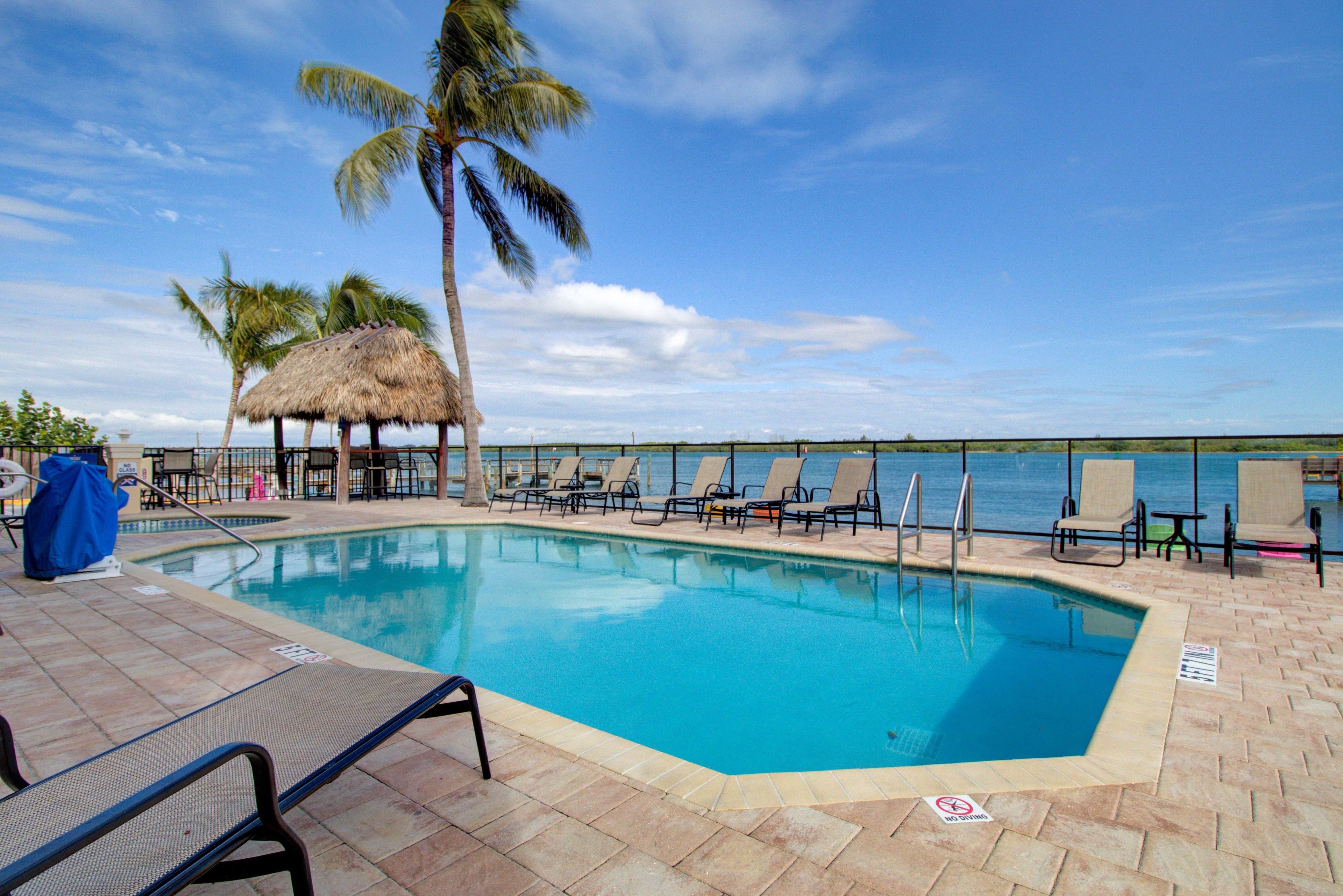 A swimming pool with lounge chairs and palm trees, surrounded by a clear blue sky.