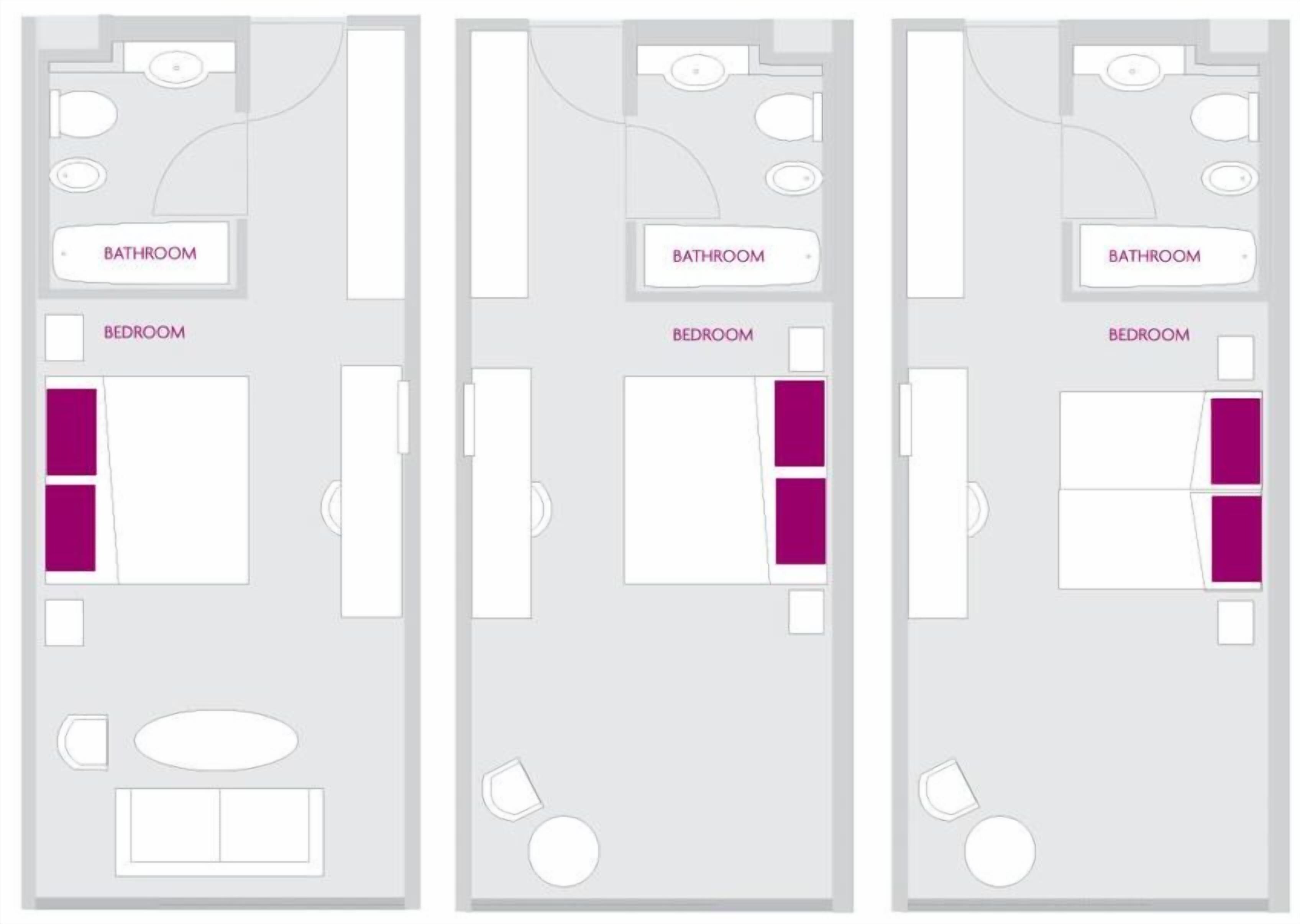 A hotel room layout with a bathroom, a bedroom, and a seating area.