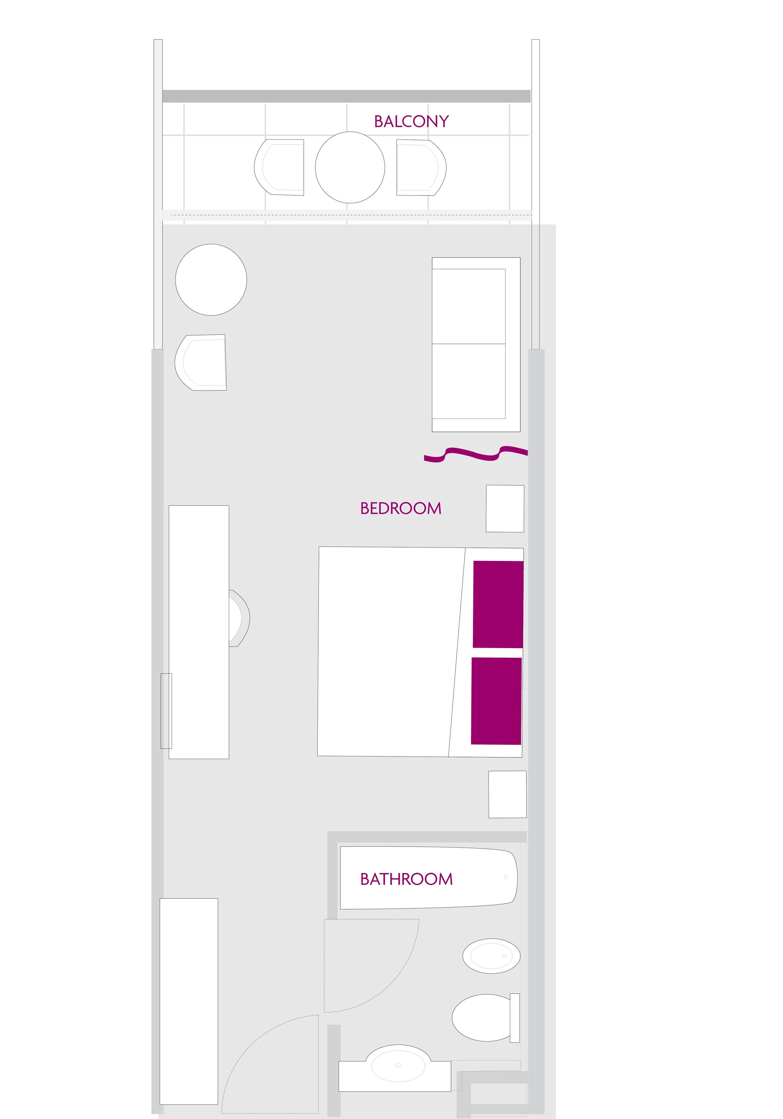 A floor plan with a balcony, bedroom, and bathroom.