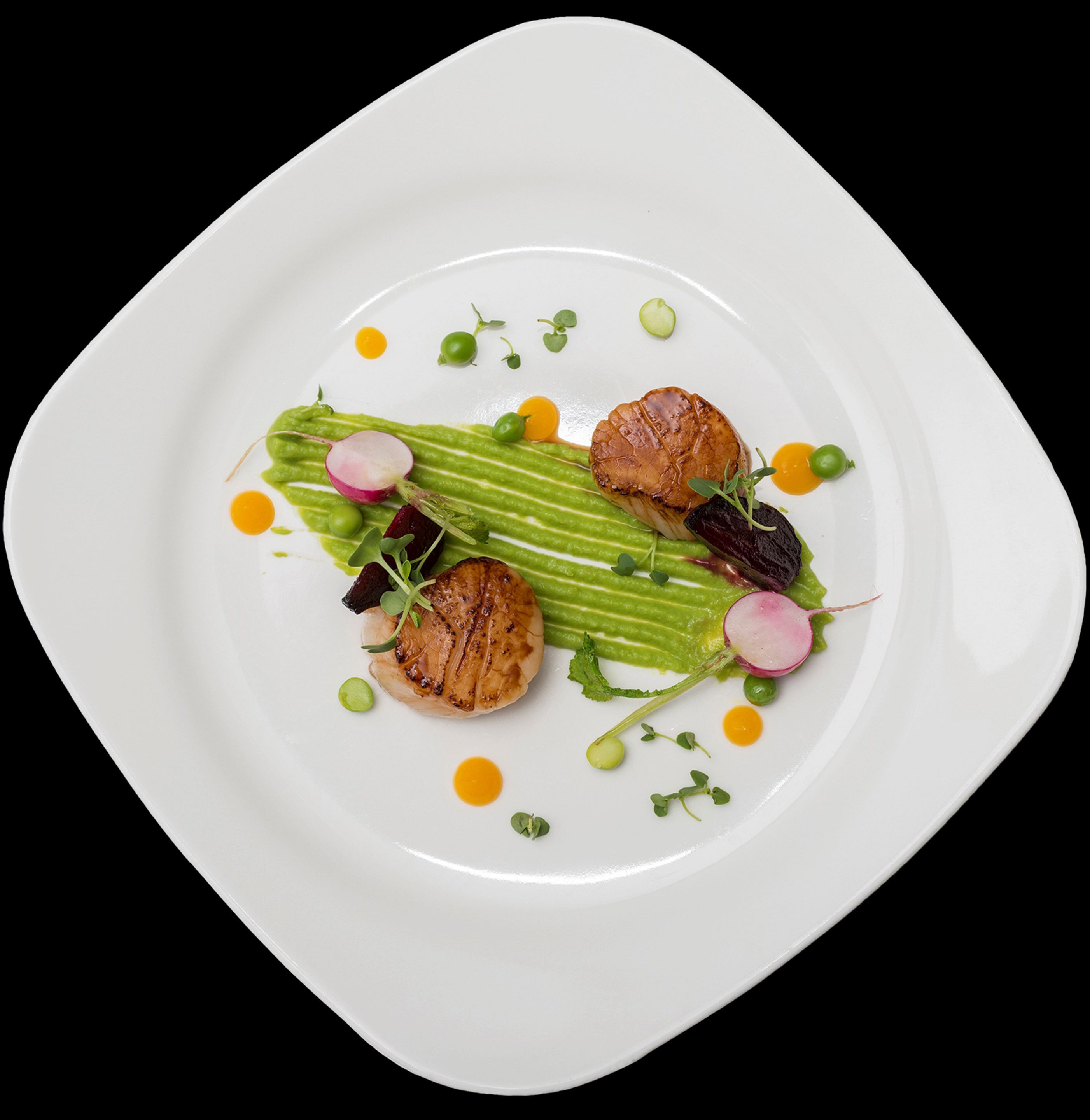 A white plate with a dish of food consisting of green vegetables, radishes, and possibly some meat, garnished with small green leaves and yellow dots.