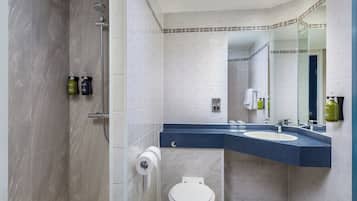 Shower, eco-friendly toiletries, hair dryer, towels