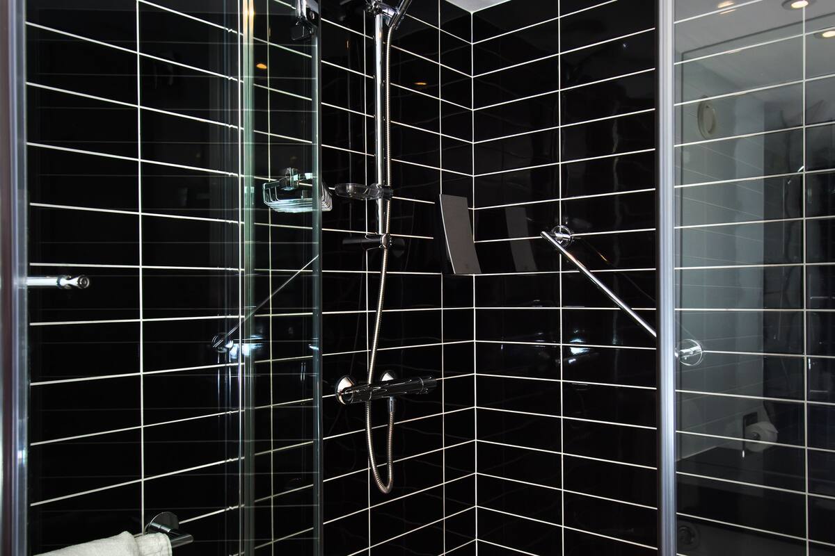 Shower, free toiletries, hair dryer, towels