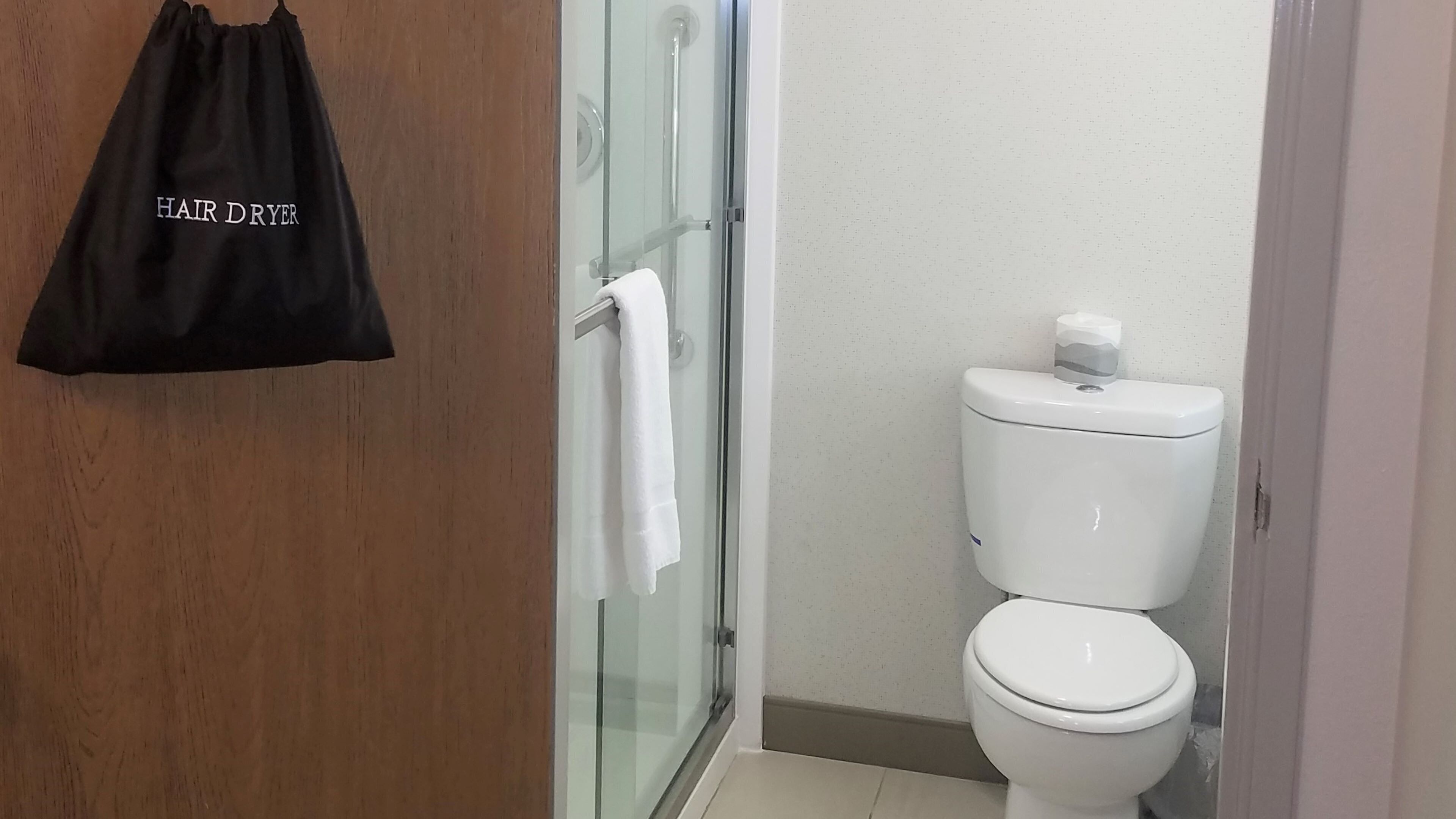 combined shower/bathtub, free toiletries, hair dryer, towels