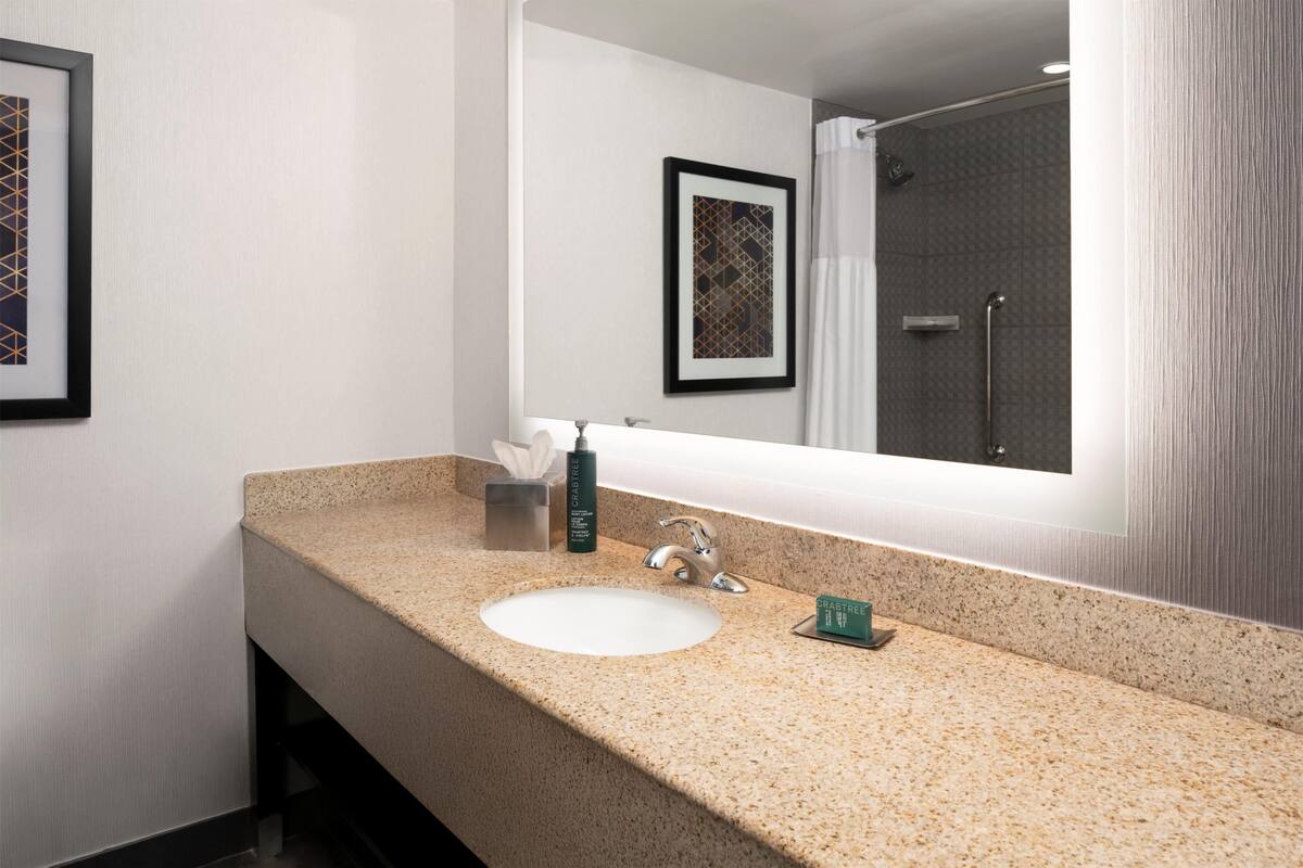 A bathroom with a granite countertop sink, a mirror, a framed artwork, and a shower area.