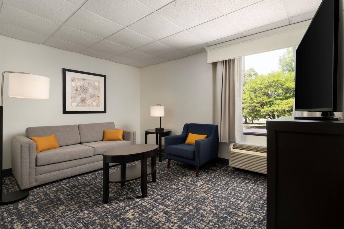 A hotel room with a grey sofa, a blue armchair, a small table, a TV, and a window with a view of trees.