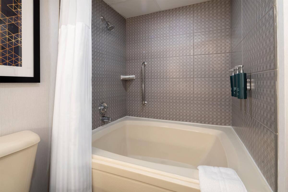 A modern bathroom with a freestanding bathtub, a shower, and a toilet.