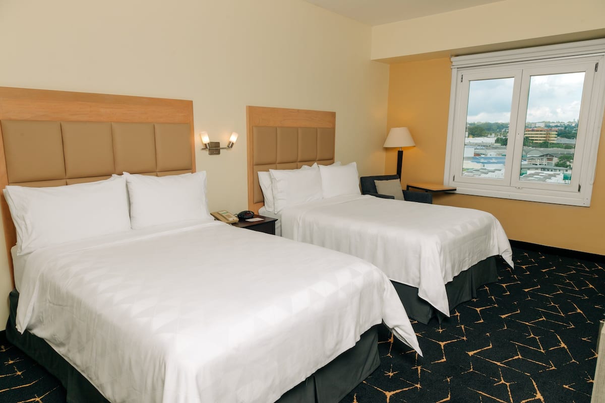Habitación de hotel con dos camas, ventana con vistas a la ciudad y alfombra estampada.
