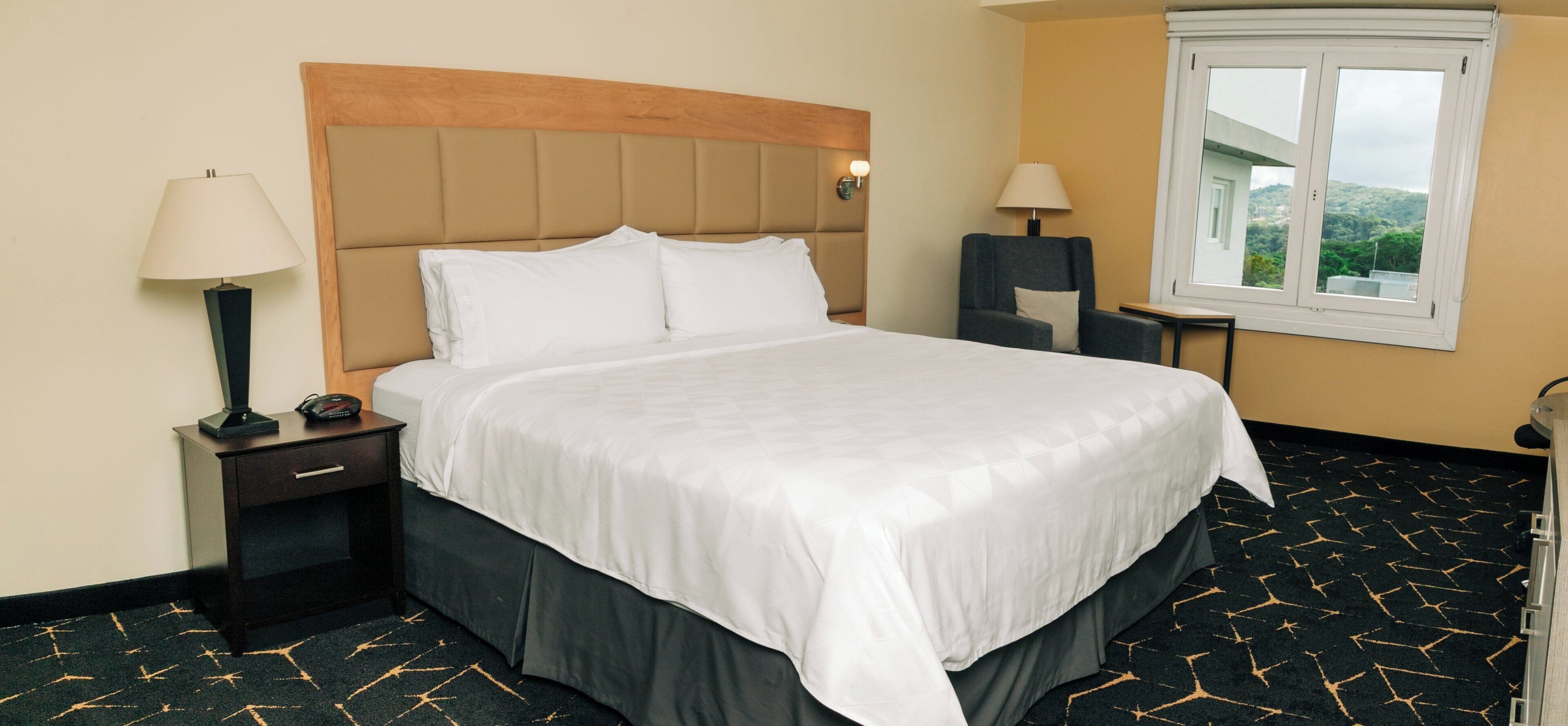 A hotel room with a bed, nightstand, lamp, chair, and window with a view.