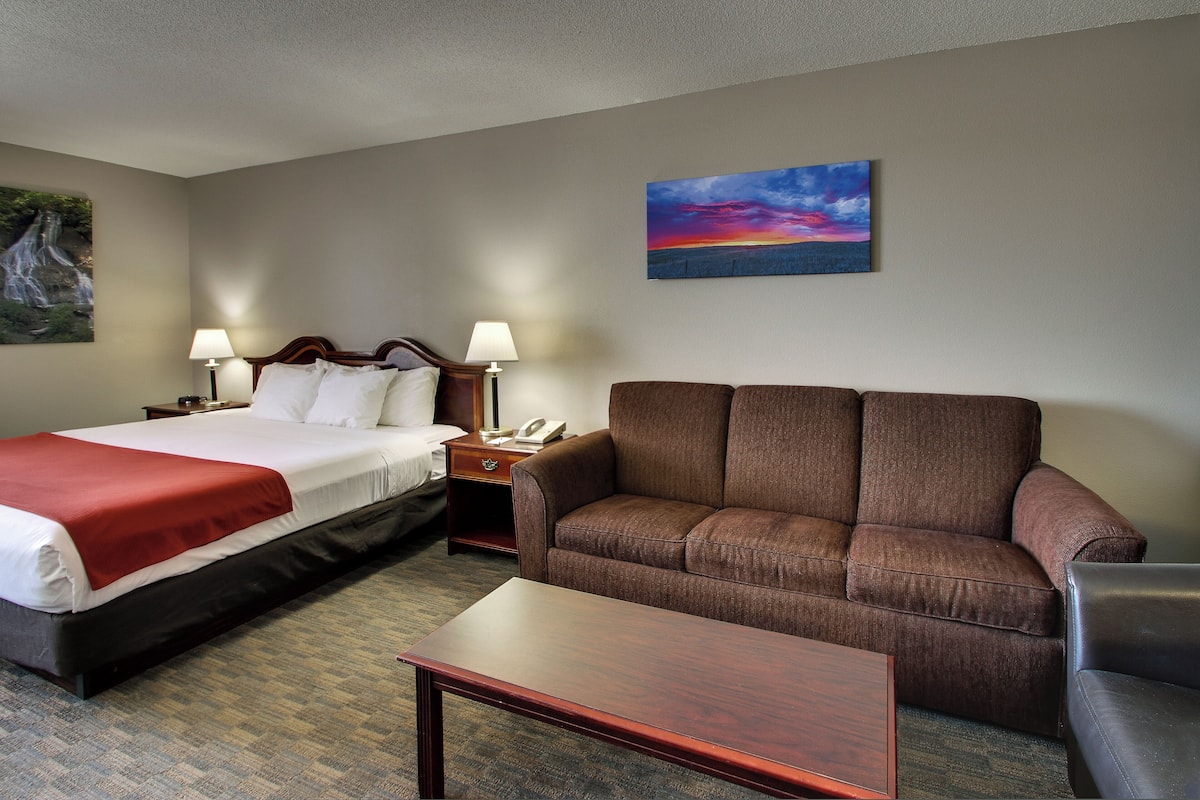 A hotel room with a bed, a brown sofa, a wooden nightstand, and a painting of a sunset on the wall.