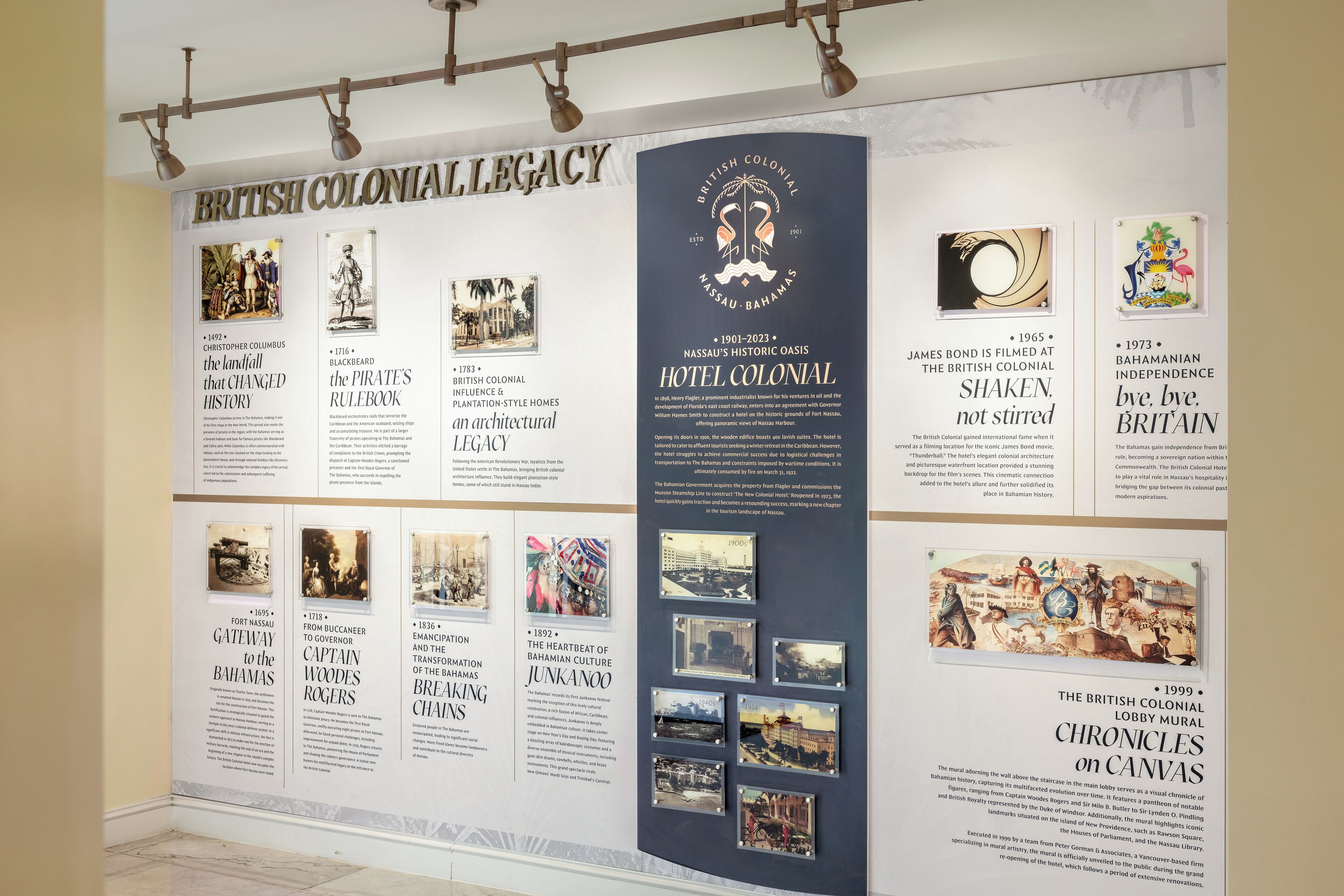 A wall displaying historical information about the British Colonial legacy in Nassau, Bahamas, including timelines and significant events.