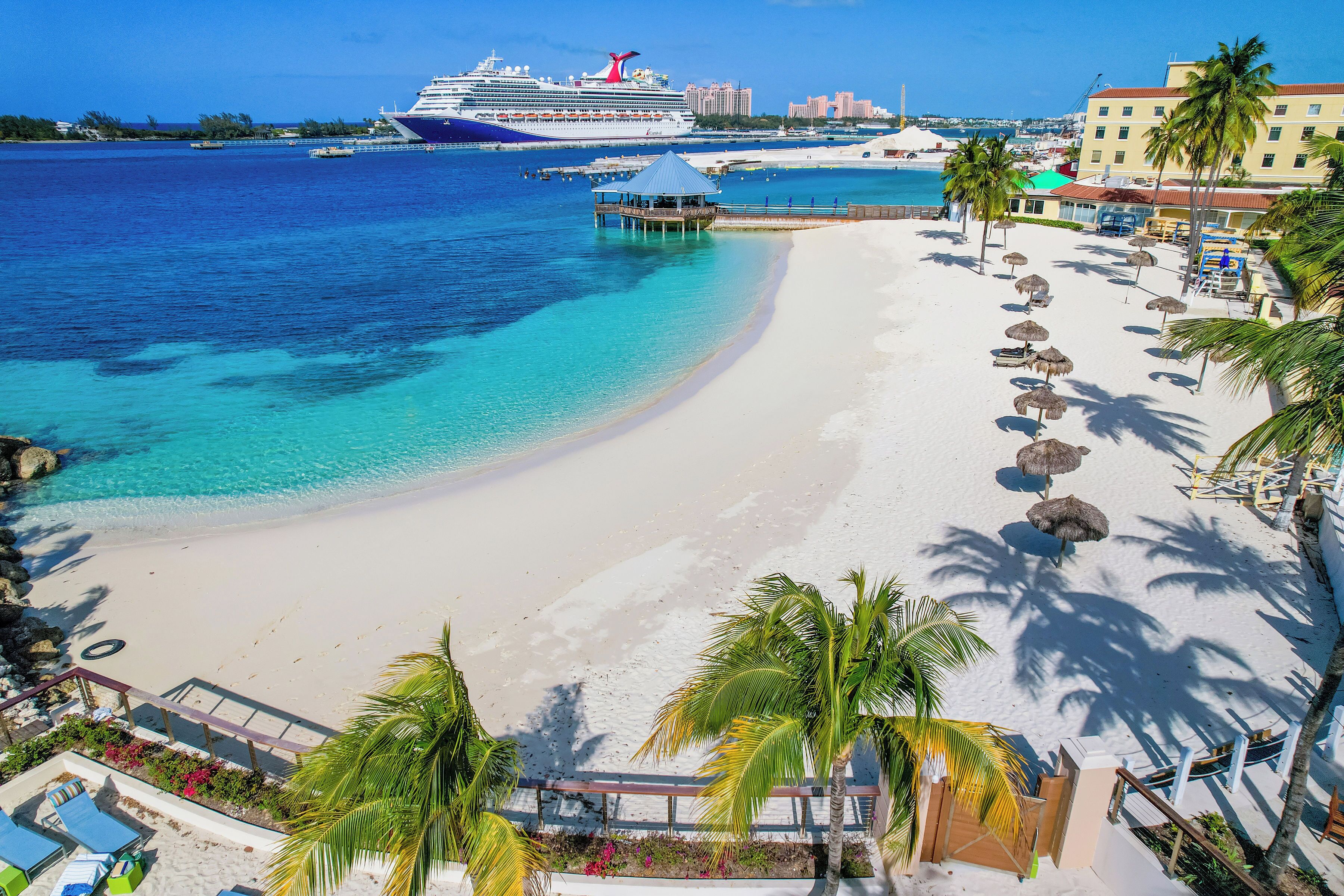 A beach with a cruise ship, palm trees, and a pier.