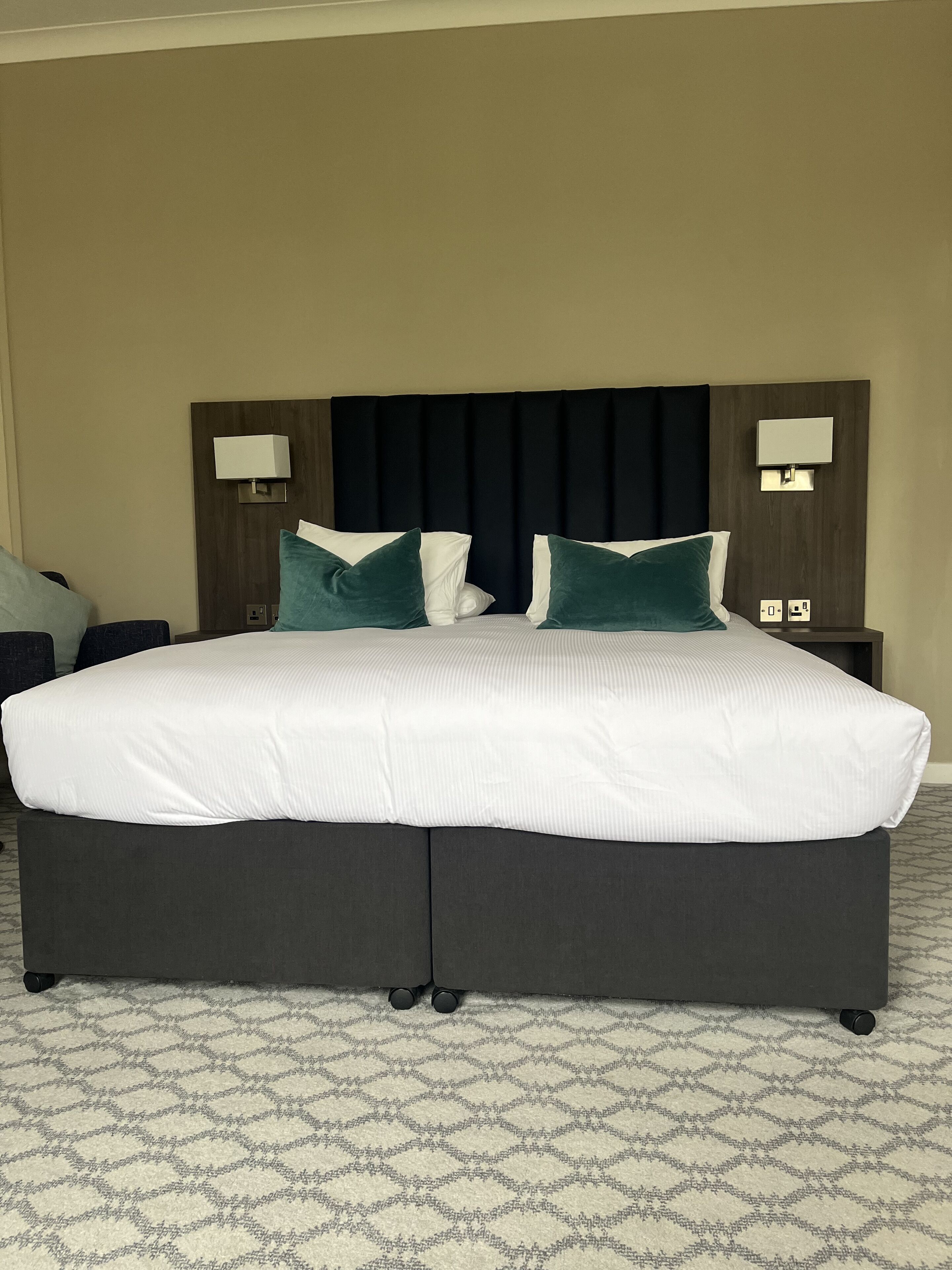 A large bed with a dark headboard, two bedside tables with lamps, and a patterned carpet.