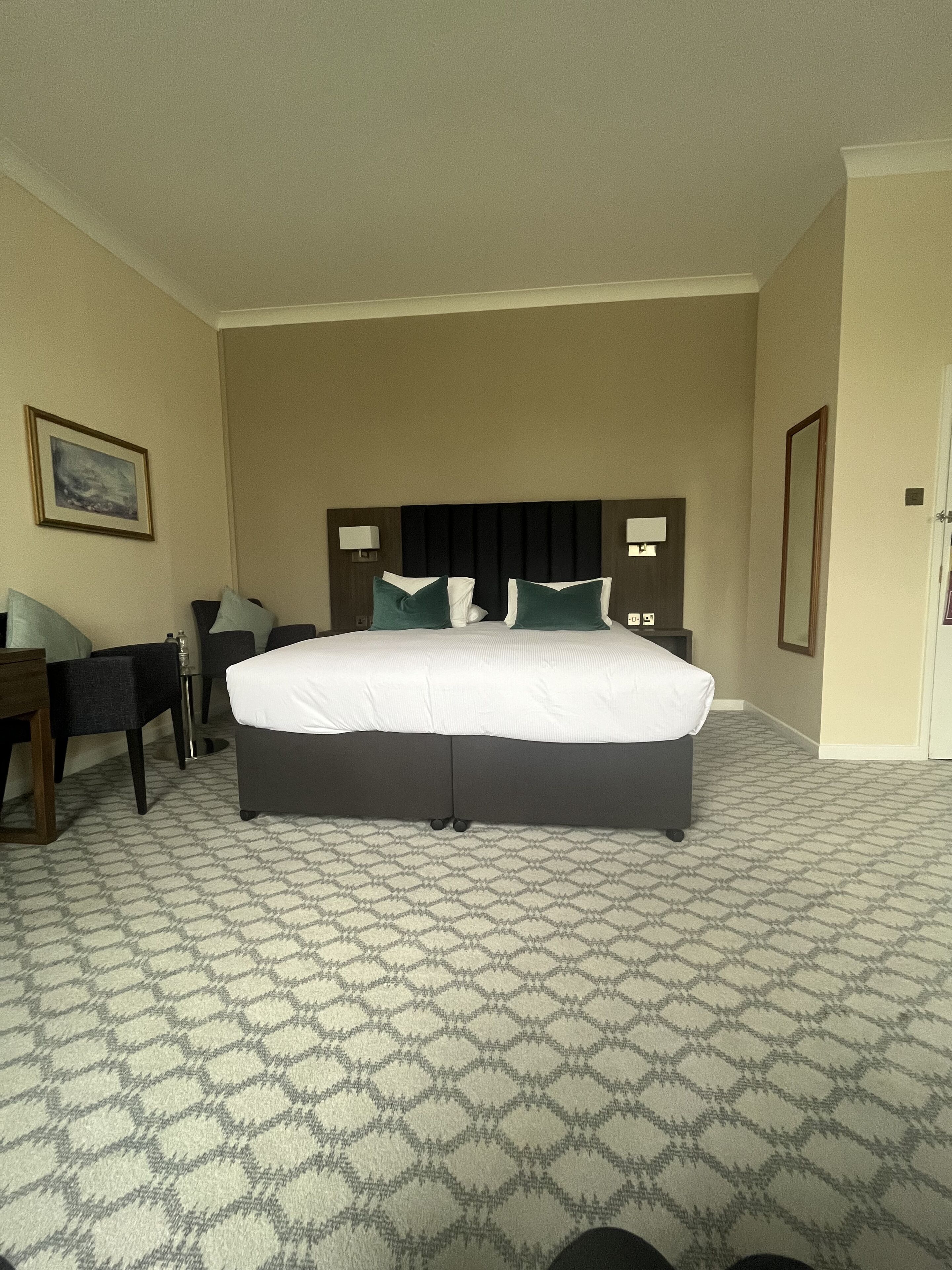 A hotel room with a large bed, a desk, and a chair.