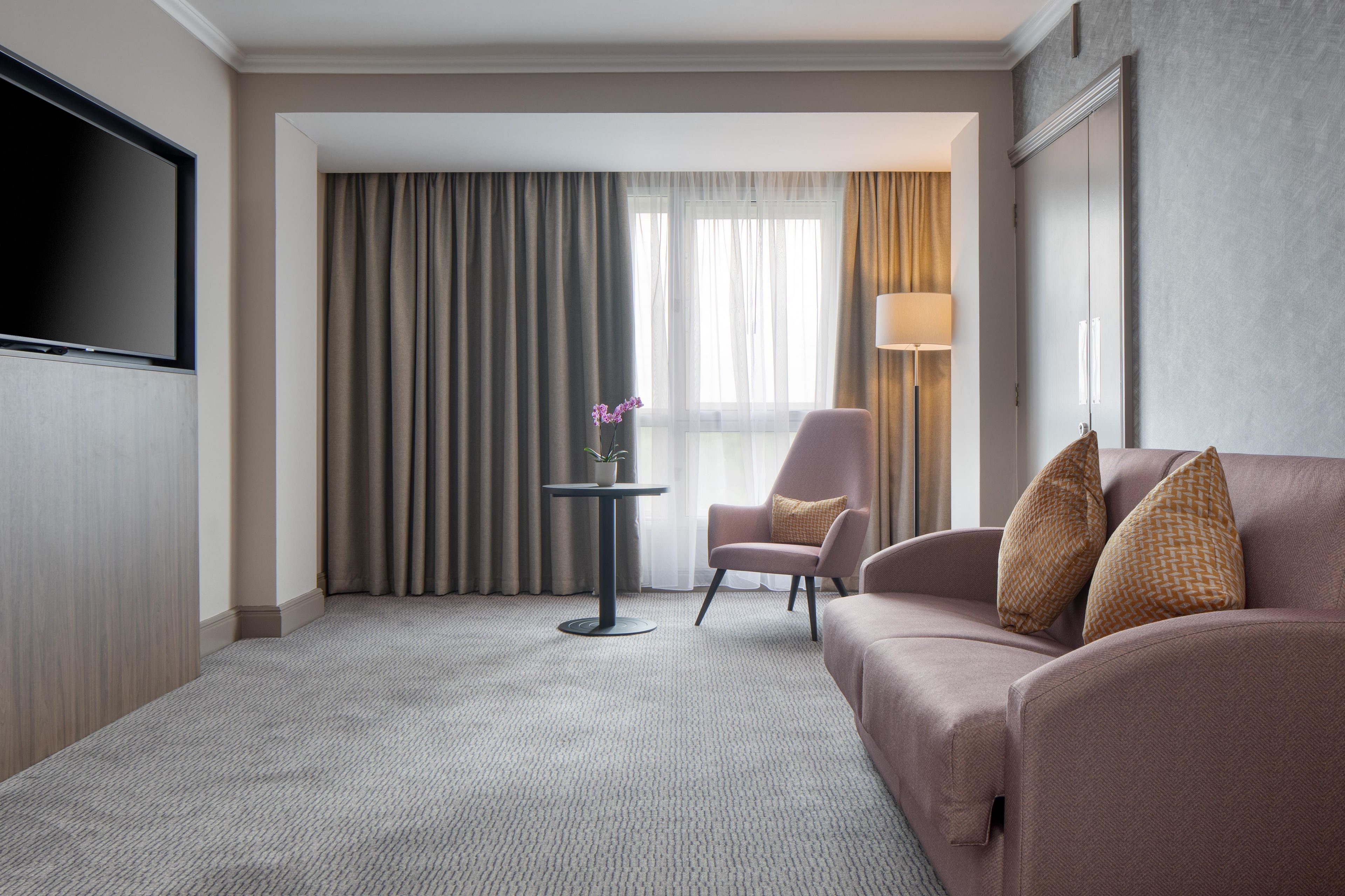 A hotel room with a flat-screen TV, a sofa, a chair, a small table with a plant, and a lamp.