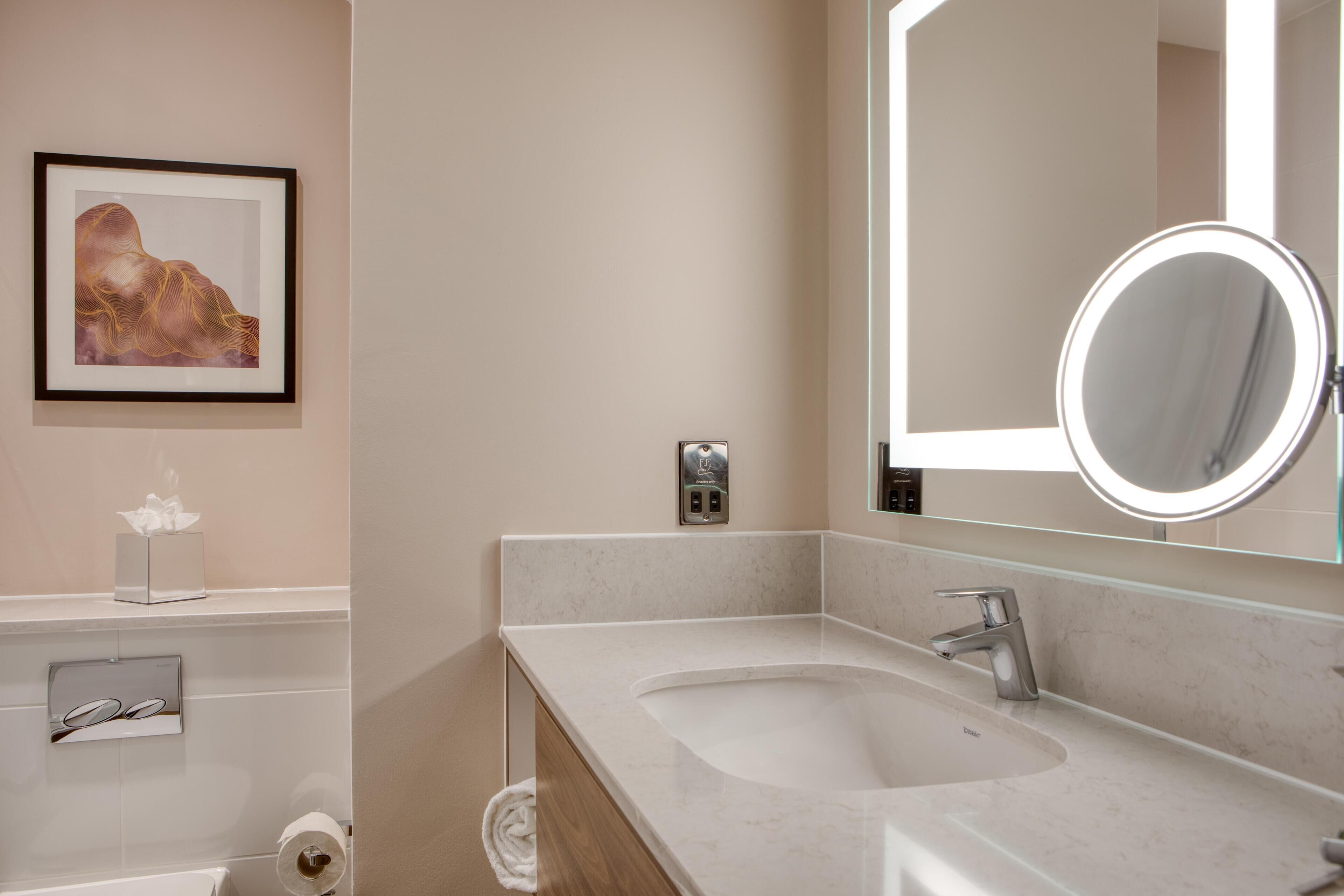 A modern bathroom with a large mirror, a sink, and a framed artwork on the wall.