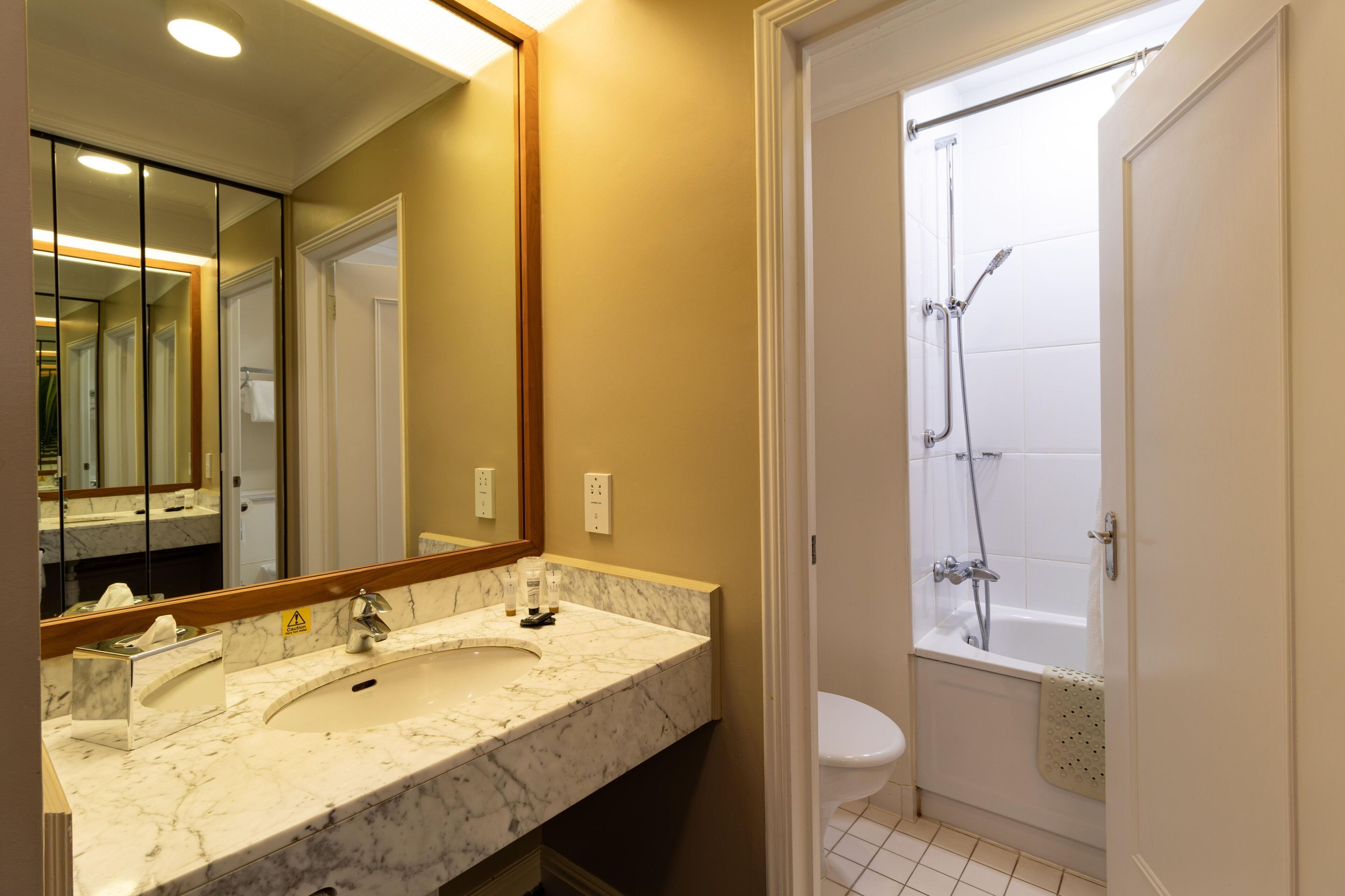 A bathroom with a marble sink, a large mirror, a shower, and a toilet.