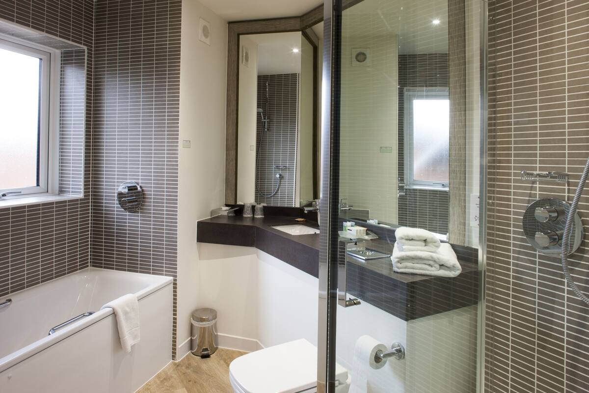 combined shower/bathtub, free toiletries, hair dryer, towels