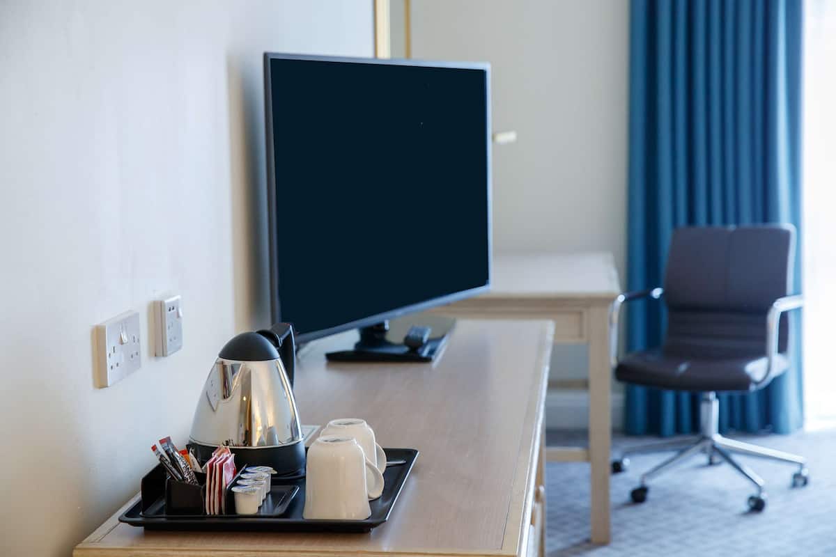 In-room safe, desk, laptop workspace, blackout curtains