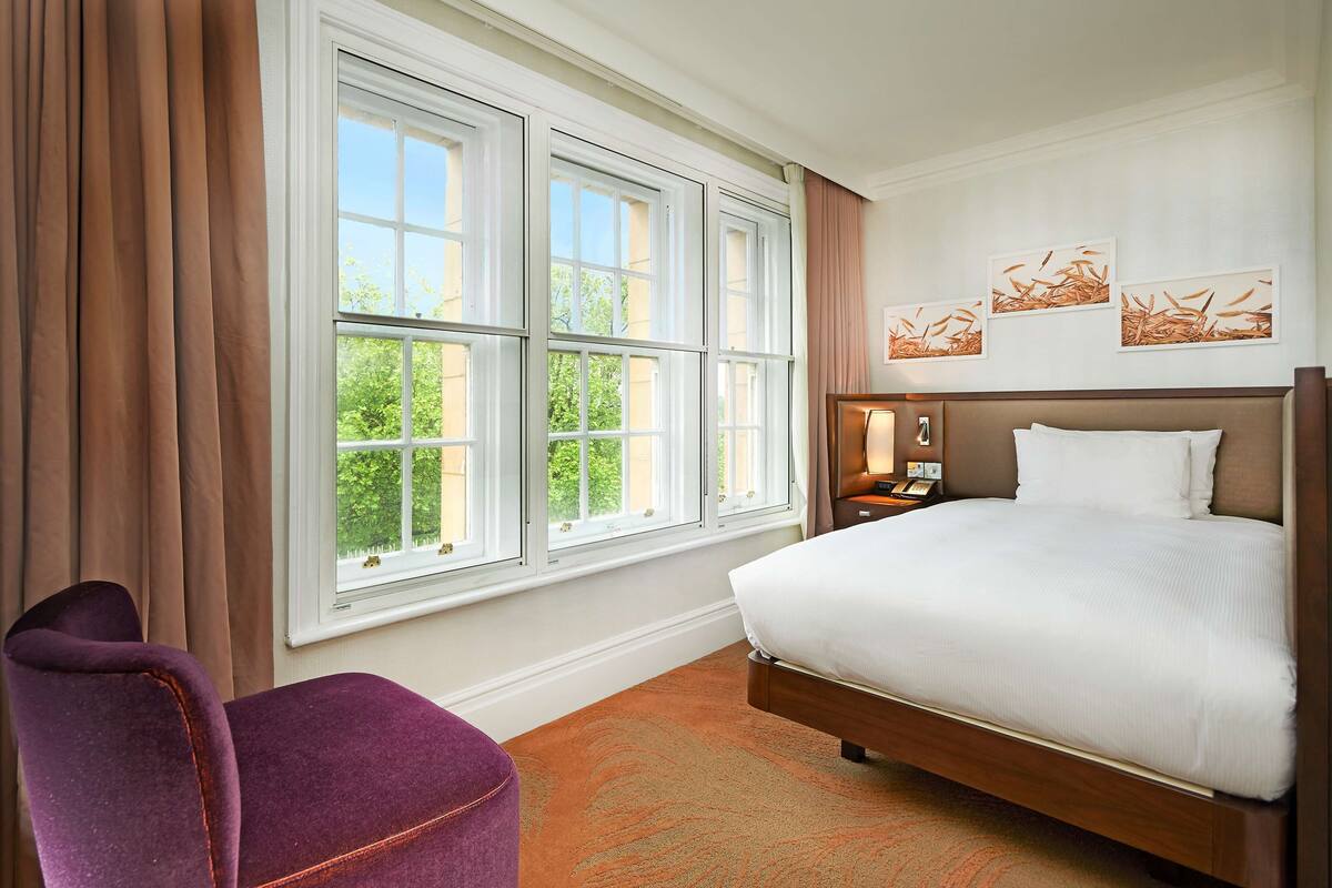 Una camera d'albergo con un letto grande, una poltrona viola e una finestra con tende.