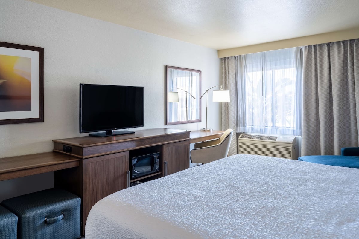 A hotel room with a bed, a desk with a flat-screen TV, a microwave, a chair, and a window with curtains.