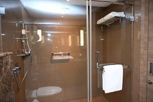 A modern bathroom with a glass-enclosed shower, a toilet, and a towel rack.