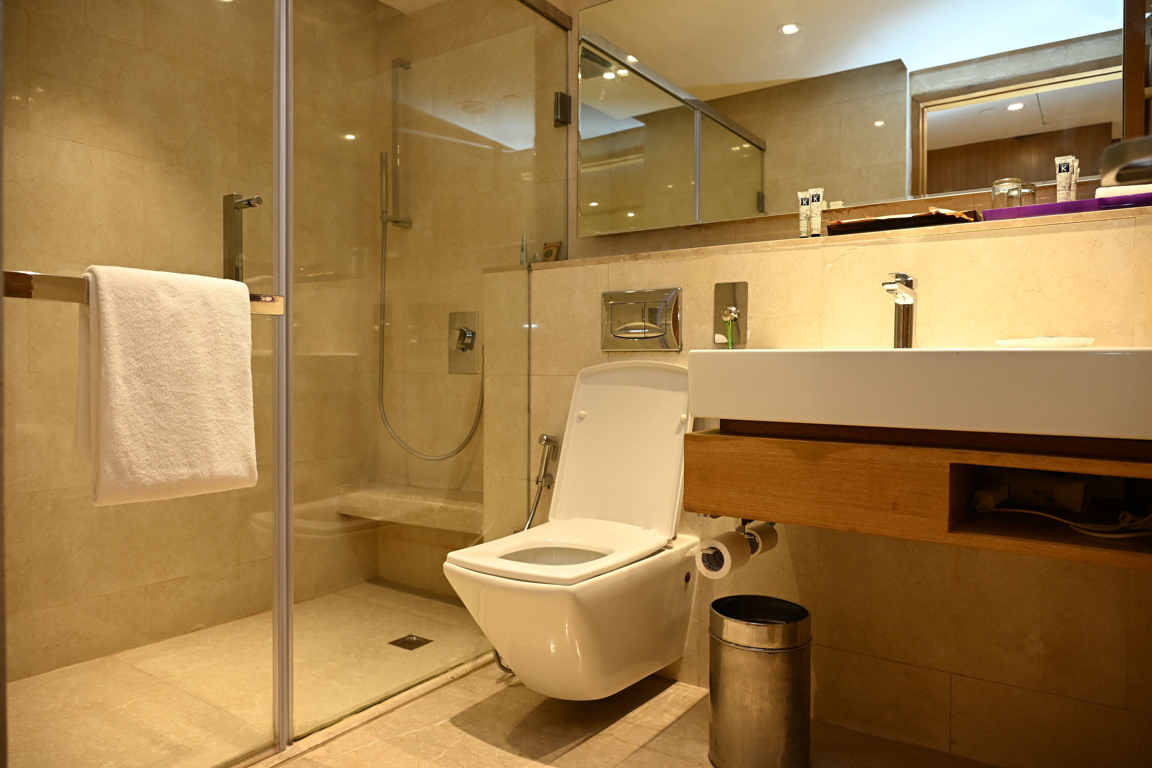 deluxe rooms twin | bathroom | shower, rainfall showerhead, designer toiletries, hair dryer